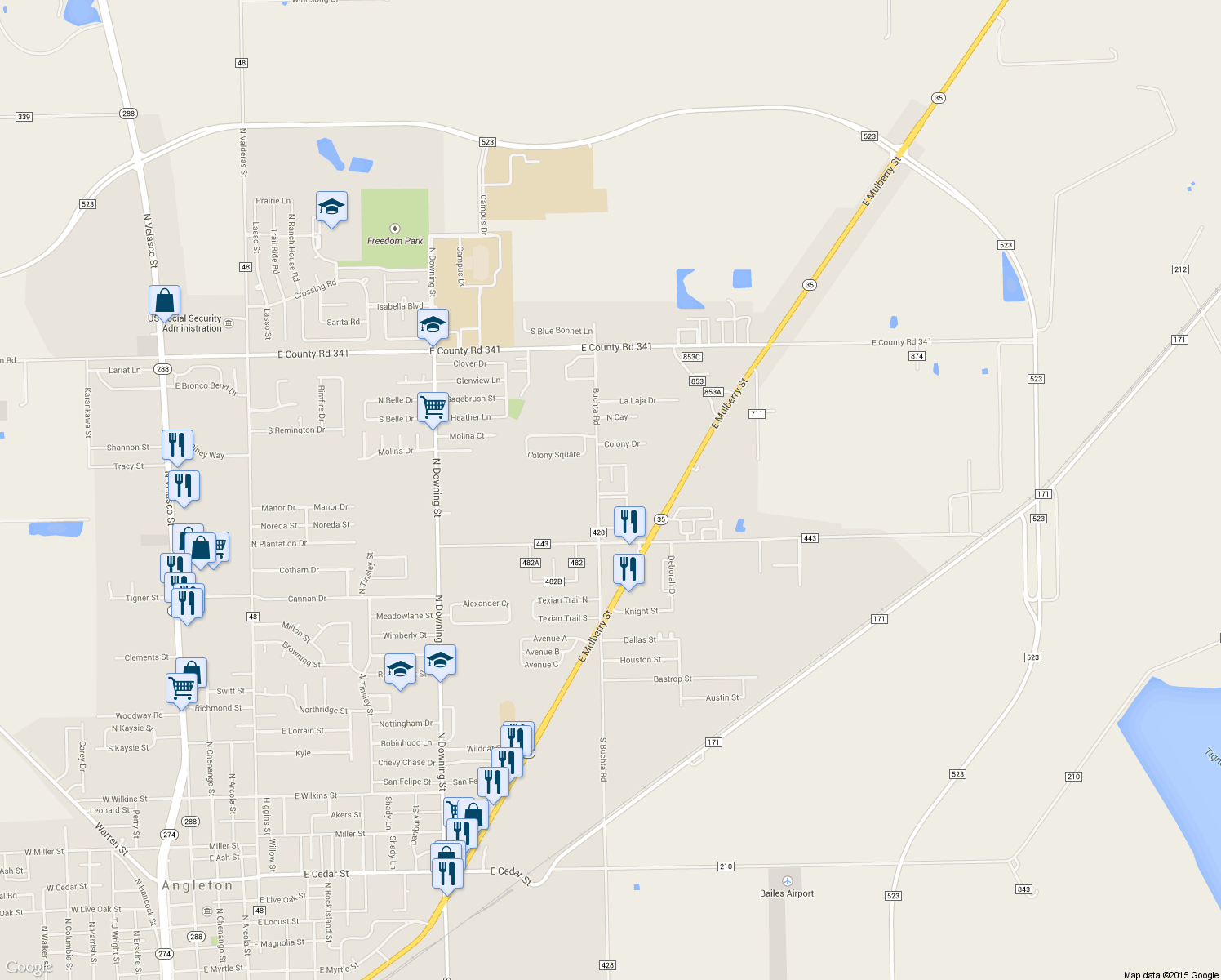 map of restaurants, bars, coffee shops, grocery stores, and more near 1300 Buchta Road in Angleton