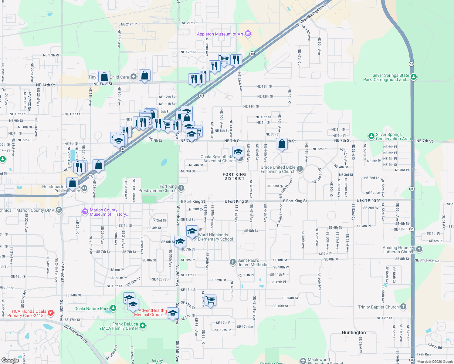 map of restaurants, bars, coffee shops, grocery stores, and more near 214 Northeast 41st Avenue in Ocala