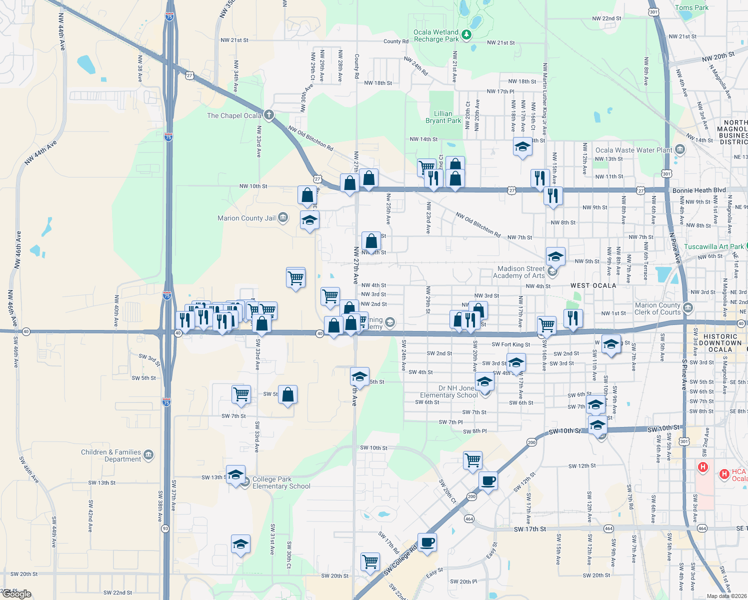 map of restaurants, bars, coffee shops, grocery stores, and more near 2537 Northwest 2nd Street in Ocala