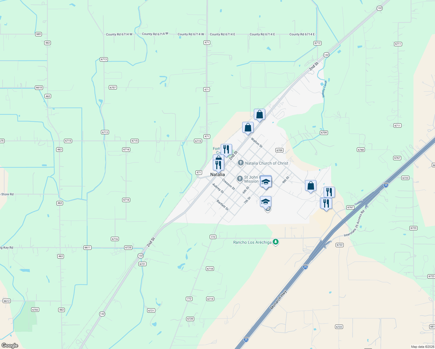 map of restaurants, bars, coffee shops, grocery stores, and more near in Natalia