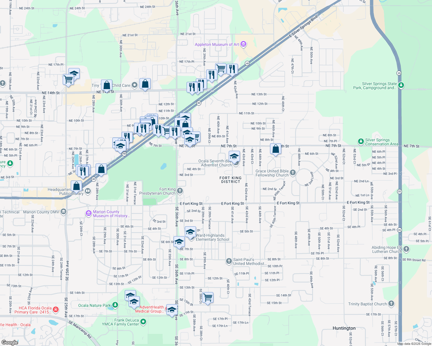 map of restaurants, bars, coffee shops, grocery stores, and more near 310 Northeast 40th Avenue in Ocala