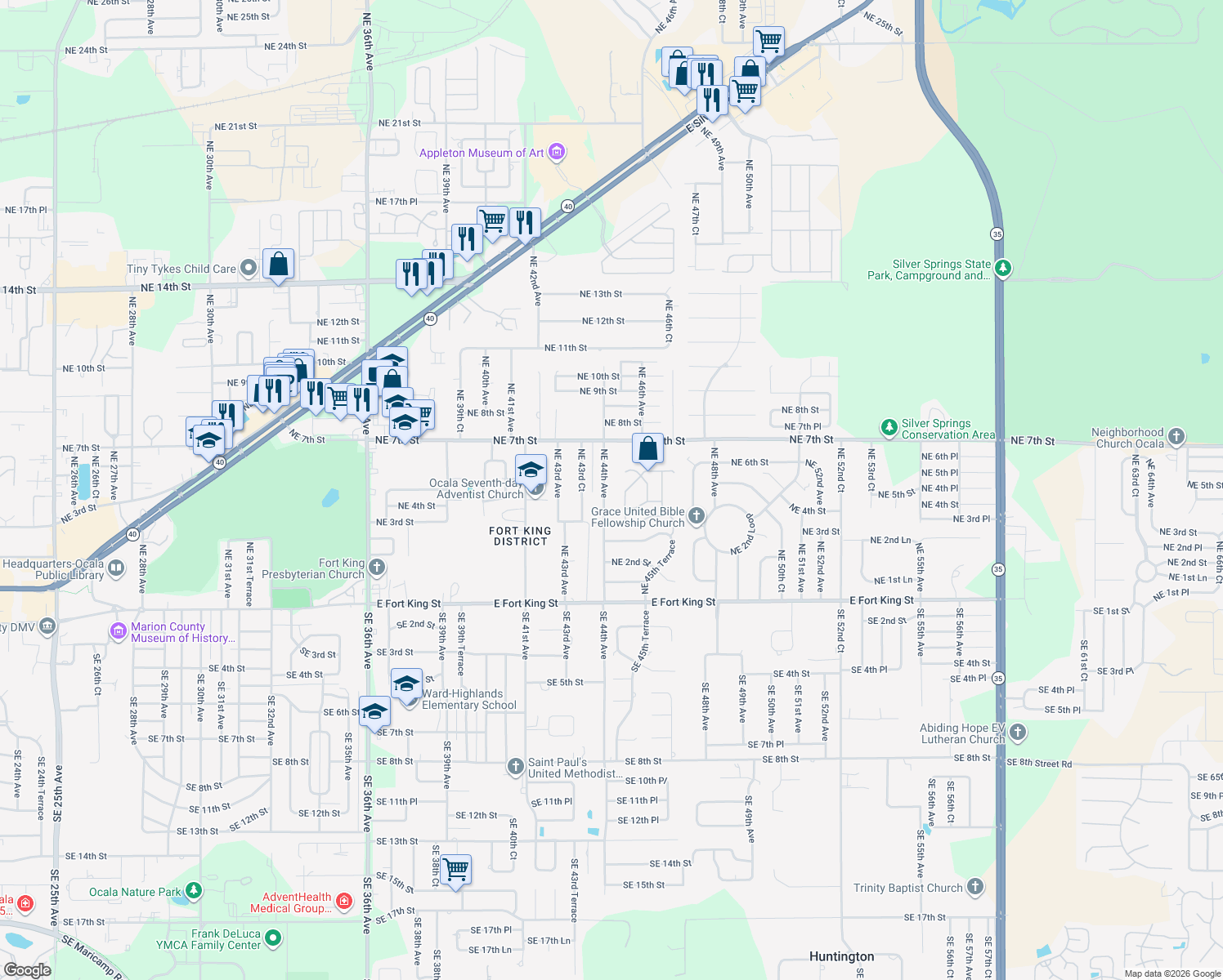 map of restaurants, bars, coffee shops, grocery stores, and more near 425 Northeast 44th Avenue in Ocala