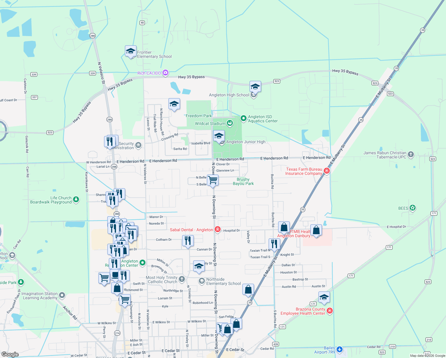 map of restaurants, bars, coffee shops, grocery stores, and more near 1224 Sagebrush St in Angleton