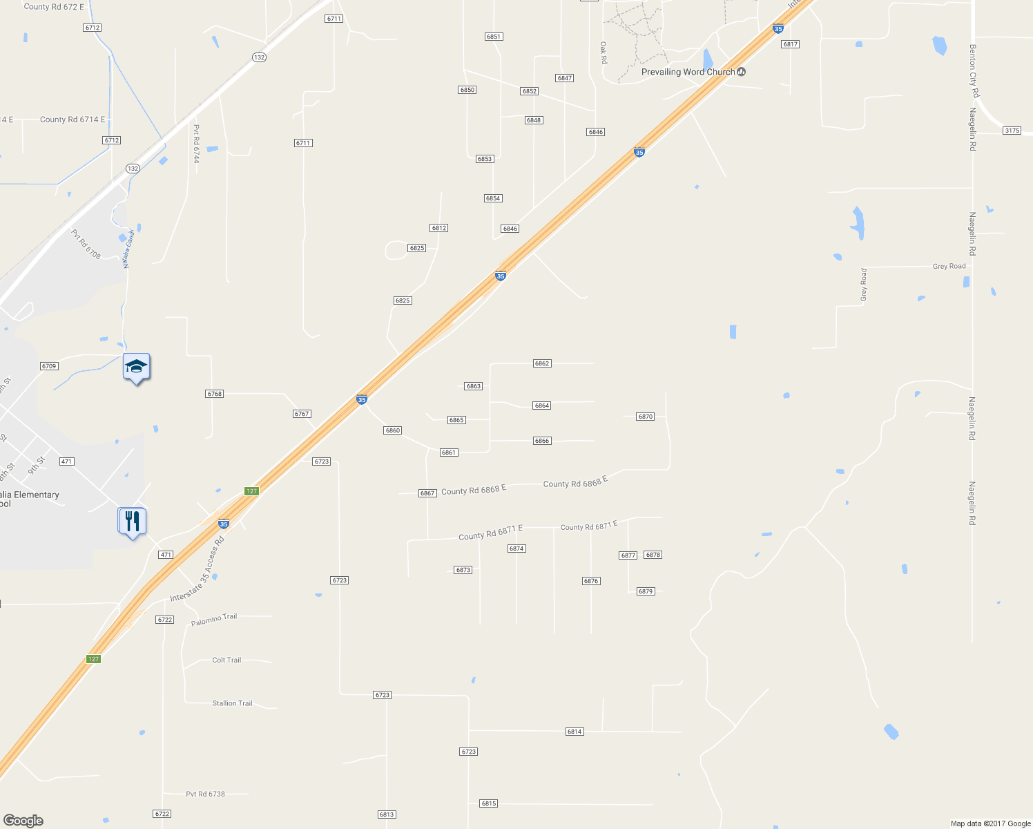 map of restaurants, bars, coffee shops, grocery stores, and more near 150 County Road 6864 in Natalia