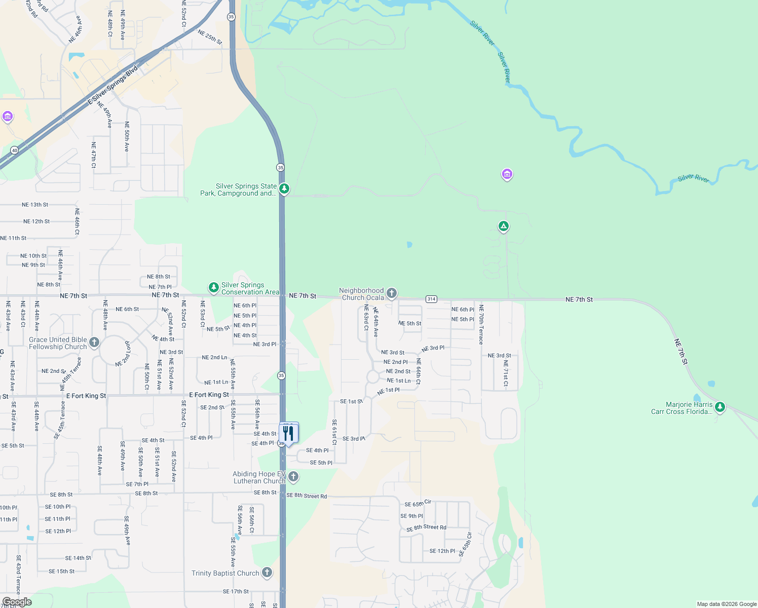 map of restaurants, bars, coffee shops, grocery stores, and more near 601 Northeast 64th Avenue in Ocala