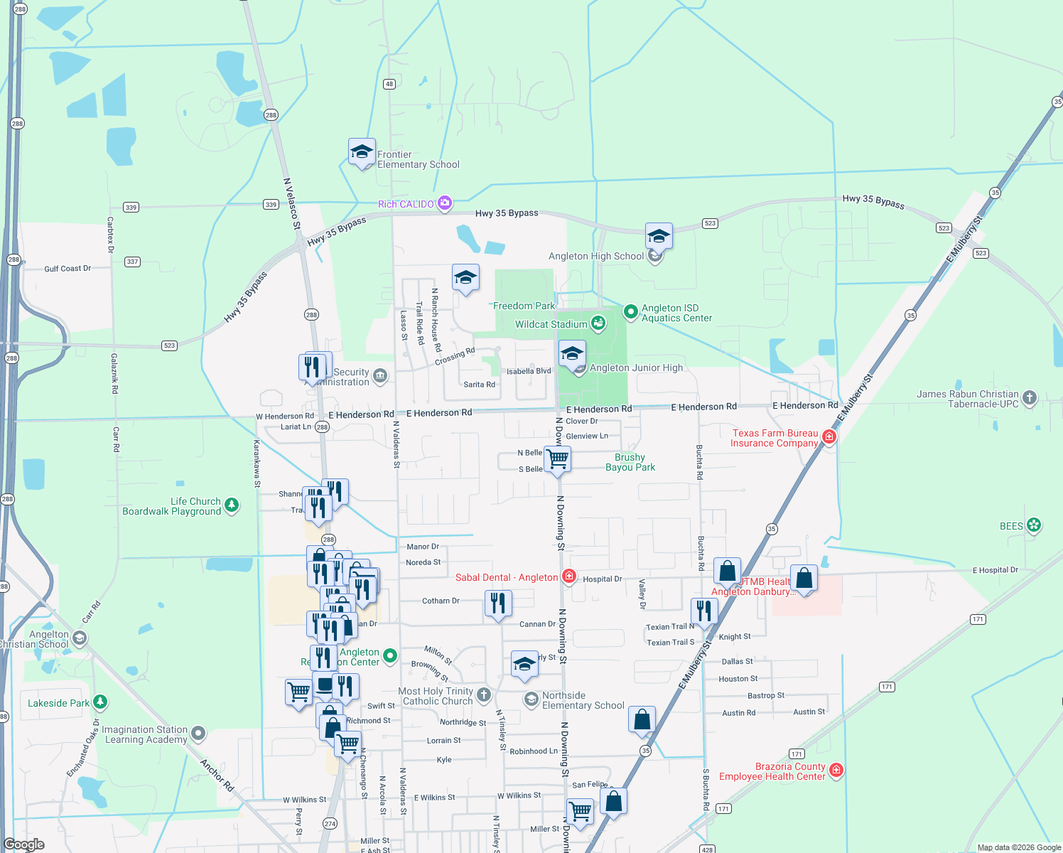 map of restaurants, bars, coffee shops, grocery stores, and more near 4 Wisteria Ct in Angleton