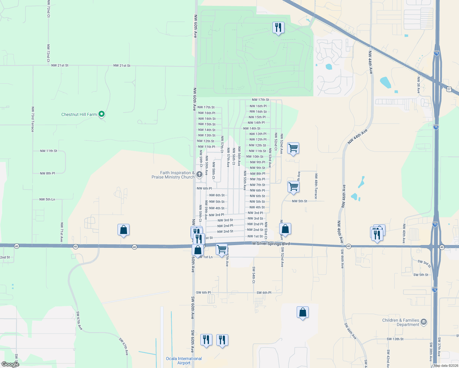 map of restaurants, bars, coffee shops, grocery stores, and more near 695 Northwest 57th Avenue in Ocala