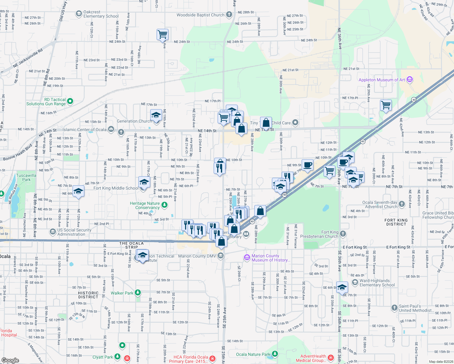 map of restaurants, bars, coffee shops, grocery stores, and more near 735 Northeast 25th Avenue in Ocala