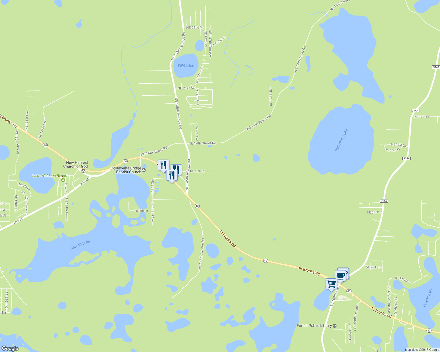 map of restaurants, bars, coffee shops, grocery stores, and more near 14790 Northeast 10th Place in Silver Springs