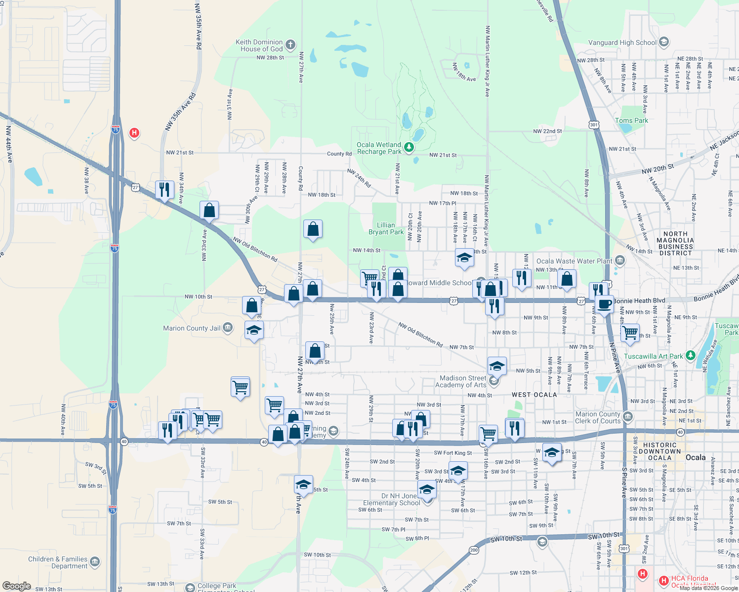 map of restaurants, bars, coffee shops, grocery stores, and more near 2331 Northwest 10th Street in Ocala