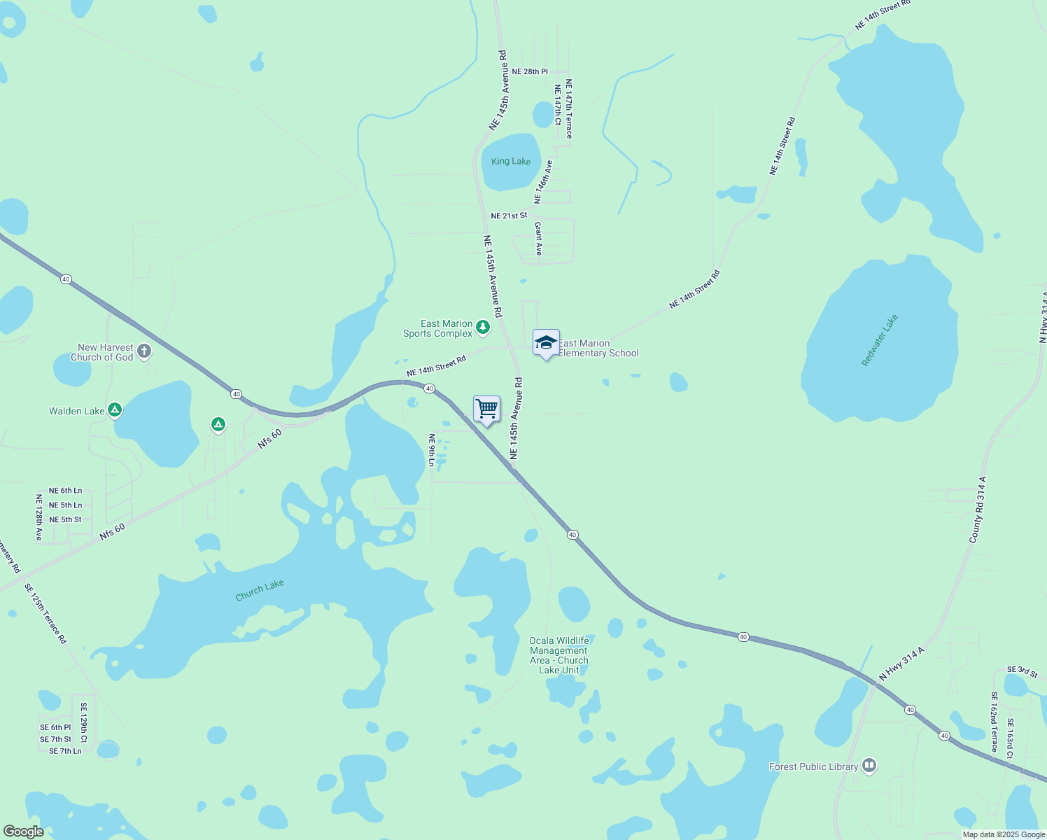map of restaurants, bars, coffee shops, grocery stores, and more near 1025 Northeast 145th Avenue Road in Silver Springs