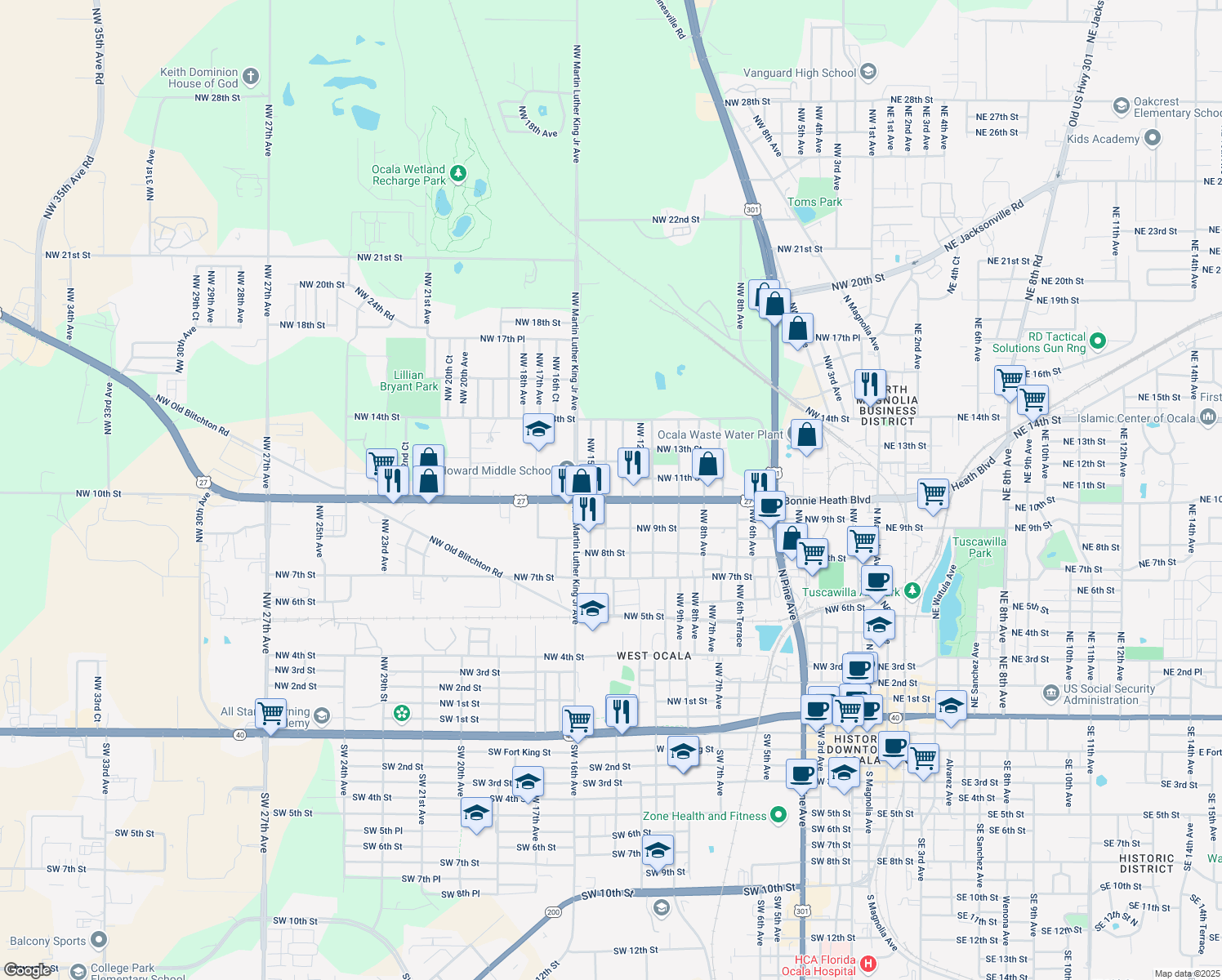 map of restaurants, bars, coffee shops, grocery stores, and more near 1015 NW 14th Ave in Ocala