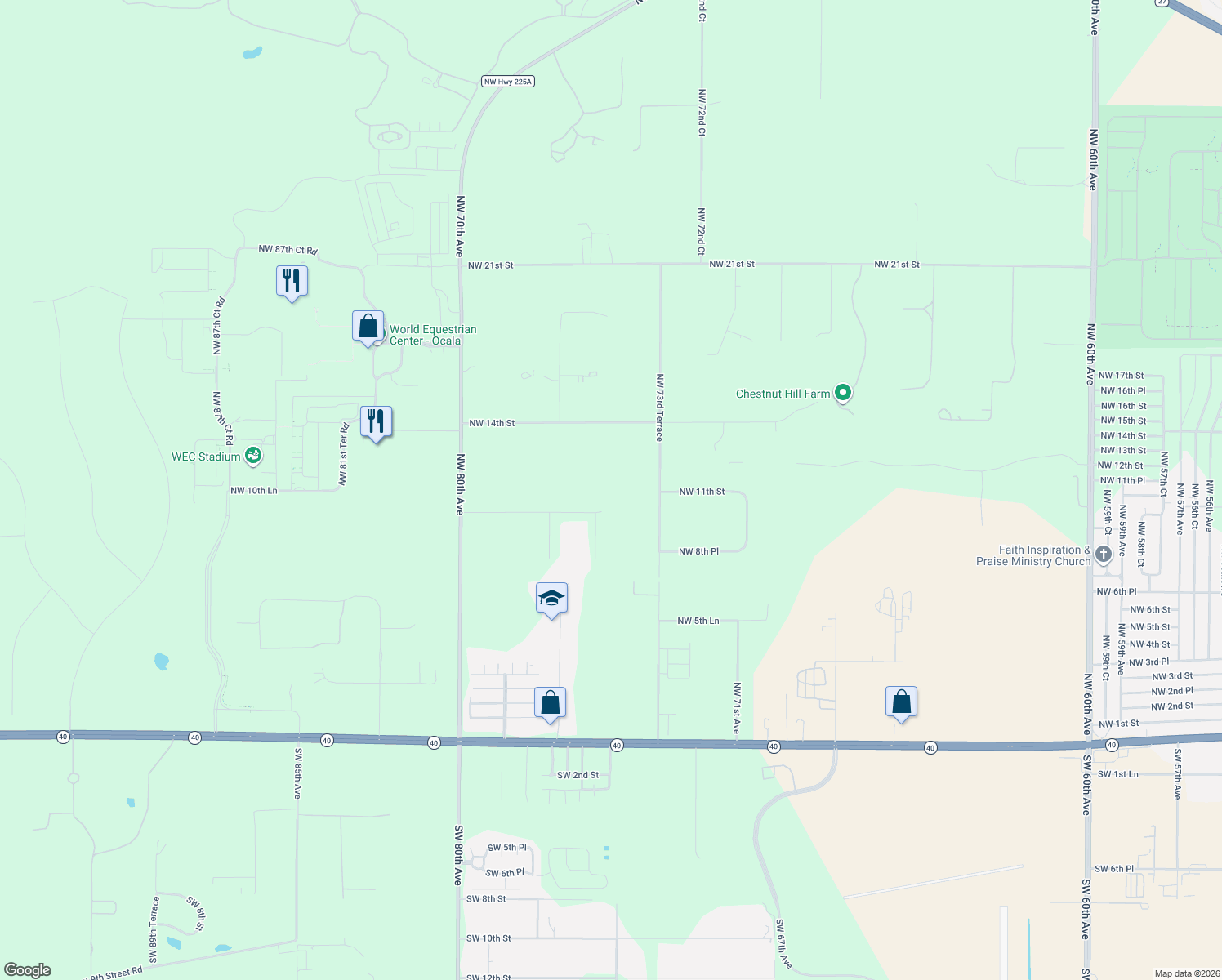 map of restaurants, bars, coffee shops, grocery stores, and more near 7571 Northwest 10th Street in Ocala