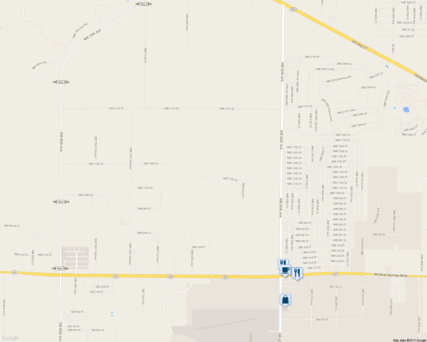 map of restaurants, bars, coffee shops, grocery stores, and more near 6637 Northwest 12th Street in Ocala