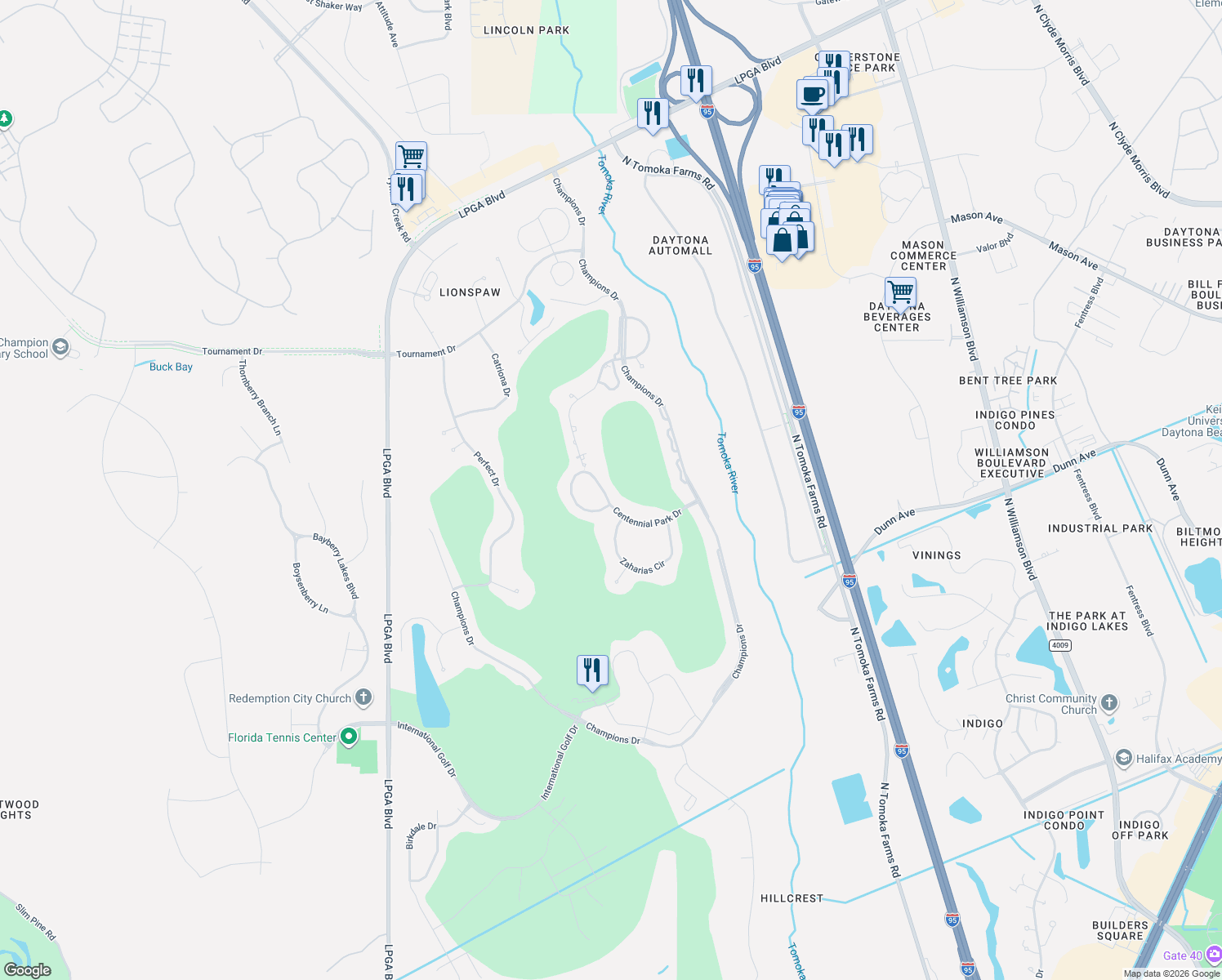 map of restaurants, bars, coffee shops, grocery stores, and more near 208 Centennial Park Drive in Daytona Beach