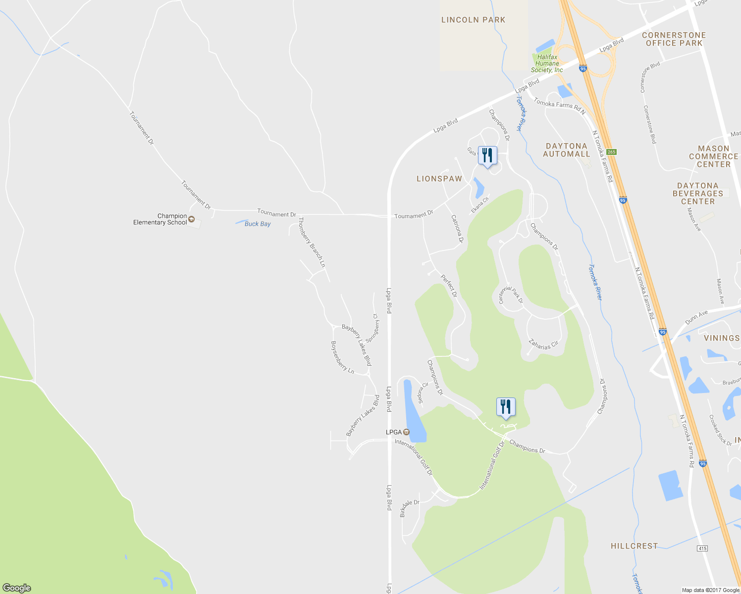 map of restaurants, bars, coffee shops, grocery stores, and more near 164 Springberry Court in Daytona Beach