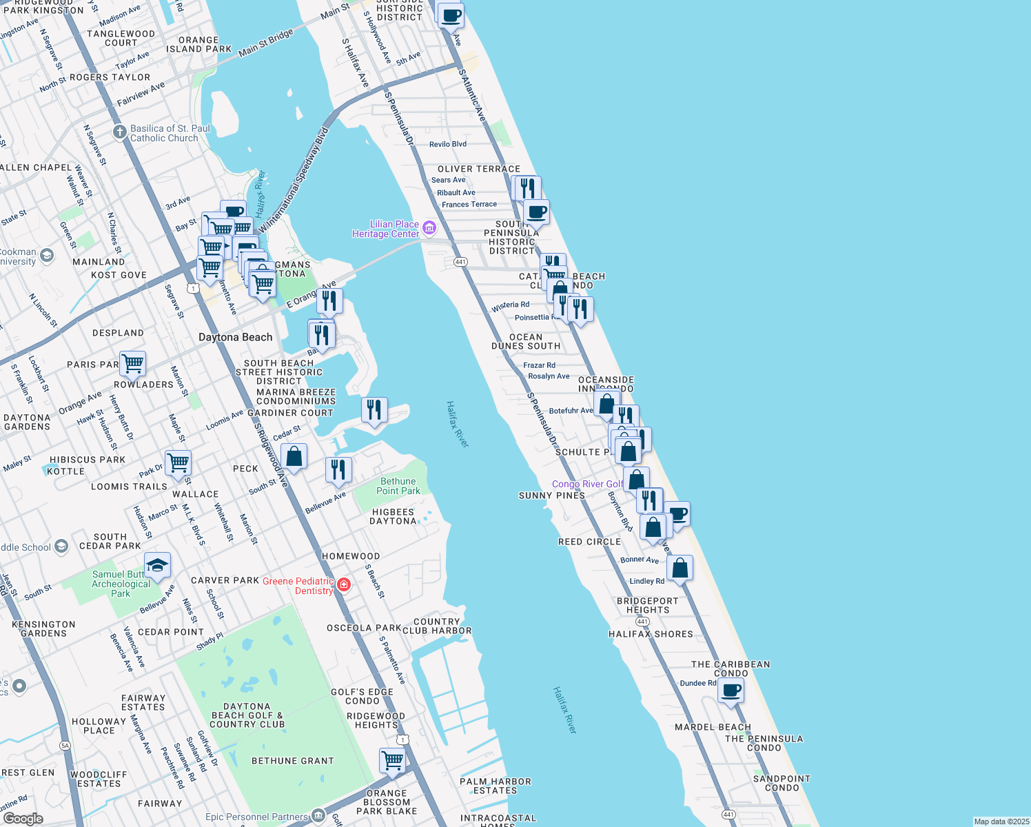 map of restaurants, bars, coffee shops, grocery stores, and more near 2000 South Peninsula Drive in Daytona Beach