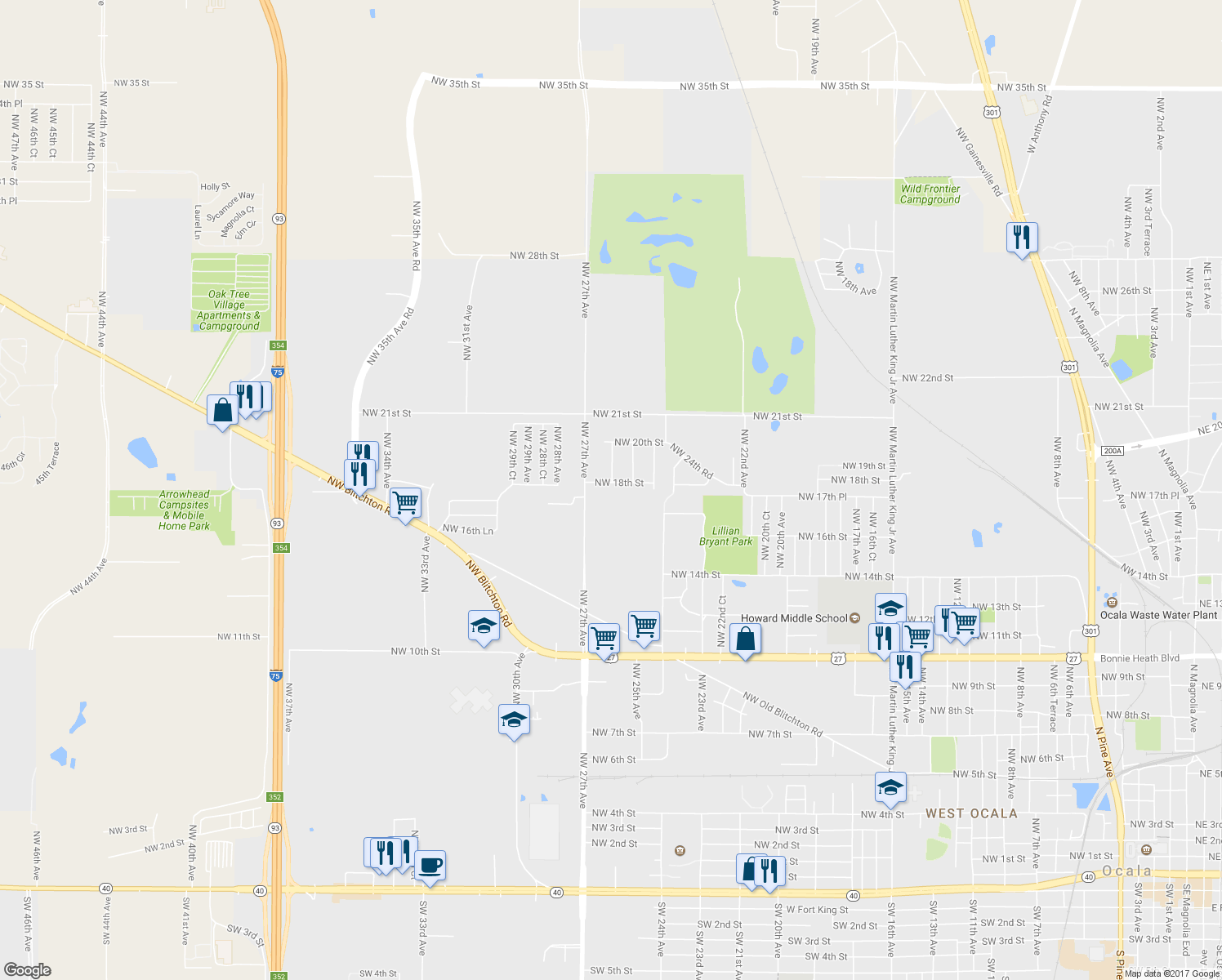 map of restaurants, bars, coffee shops, grocery stores, and more near 2600 Northwest 18th Street in Ocala