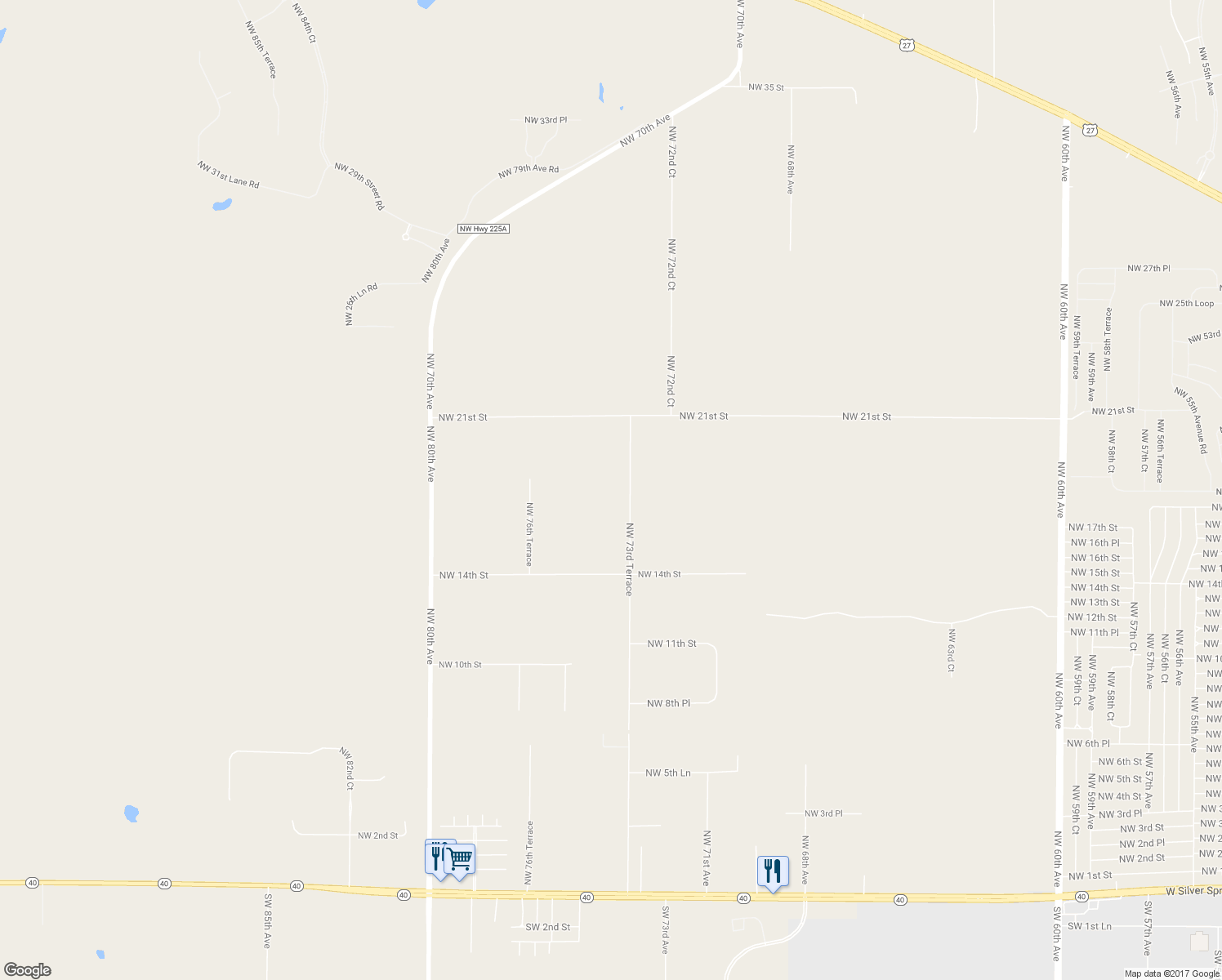 map of restaurants, bars, coffee shops, grocery stores, and more near 1764 Northwest 73rd Terrace in Ocala