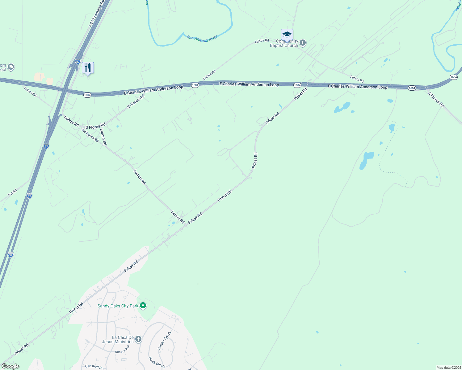 map of restaurants, bars, coffee shops, grocery stores, and more near 21223 Priest Road in Elmendorf