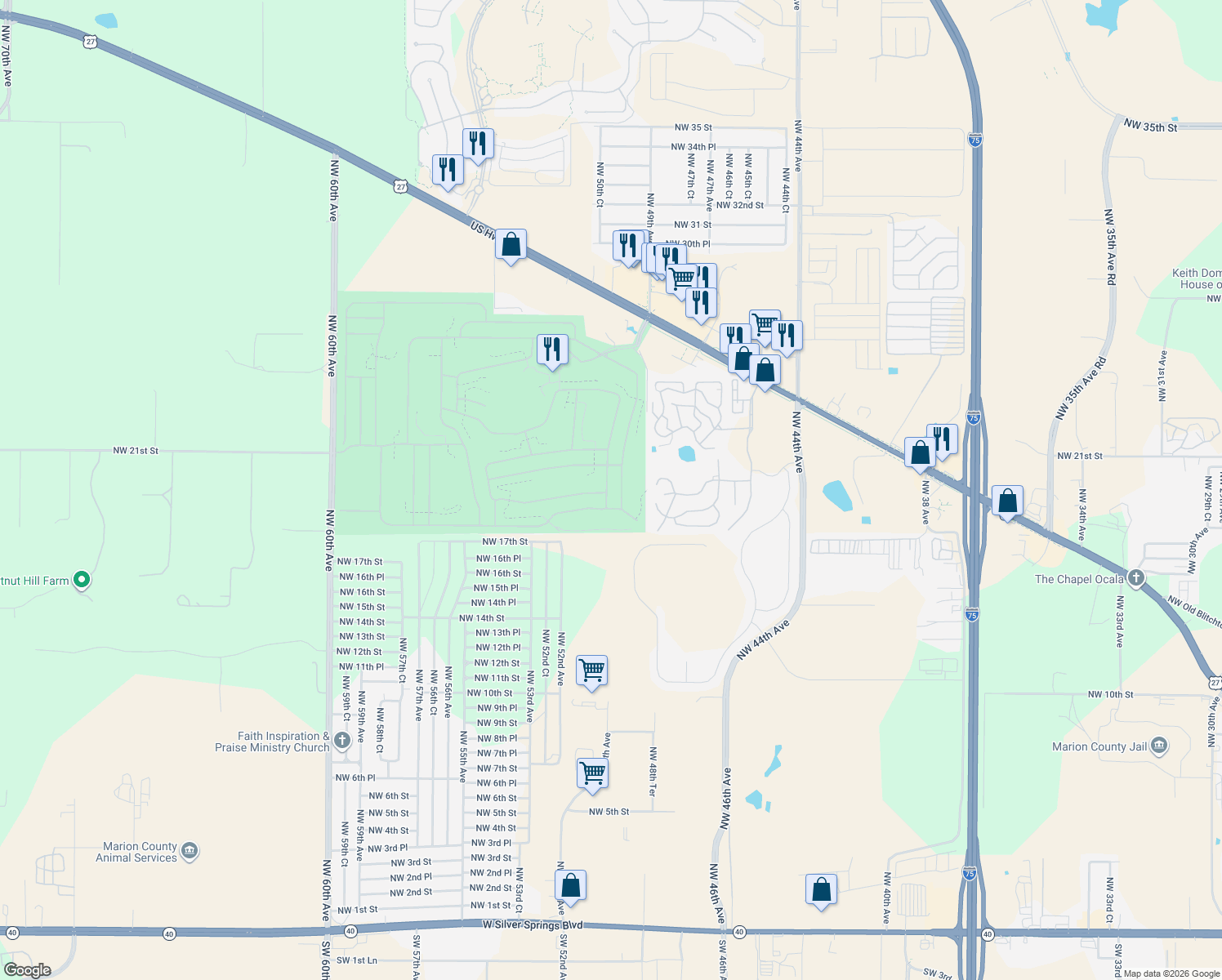 map of restaurants, bars, coffee shops, grocery stores, and more near 1913 Northwest 50th Circle in Ocala