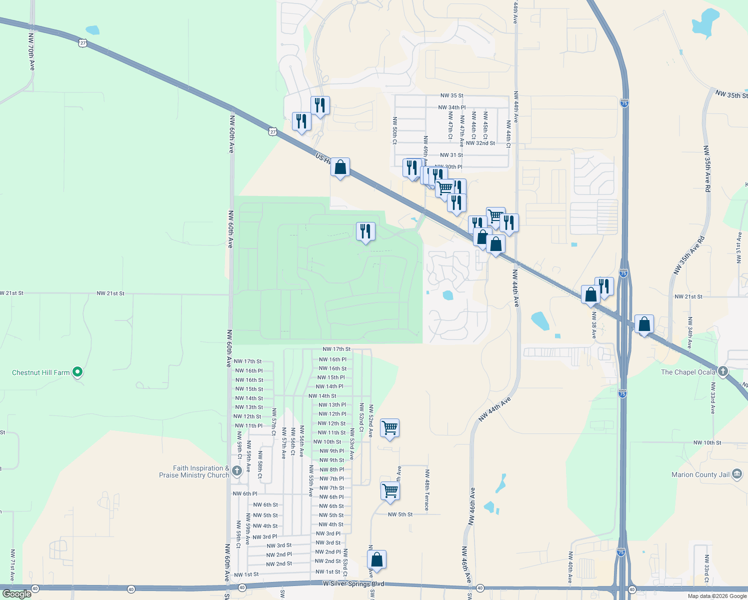 map of restaurants, bars, coffee shops, grocery stores, and more near 5193 Northwest 20th Place in Ocala