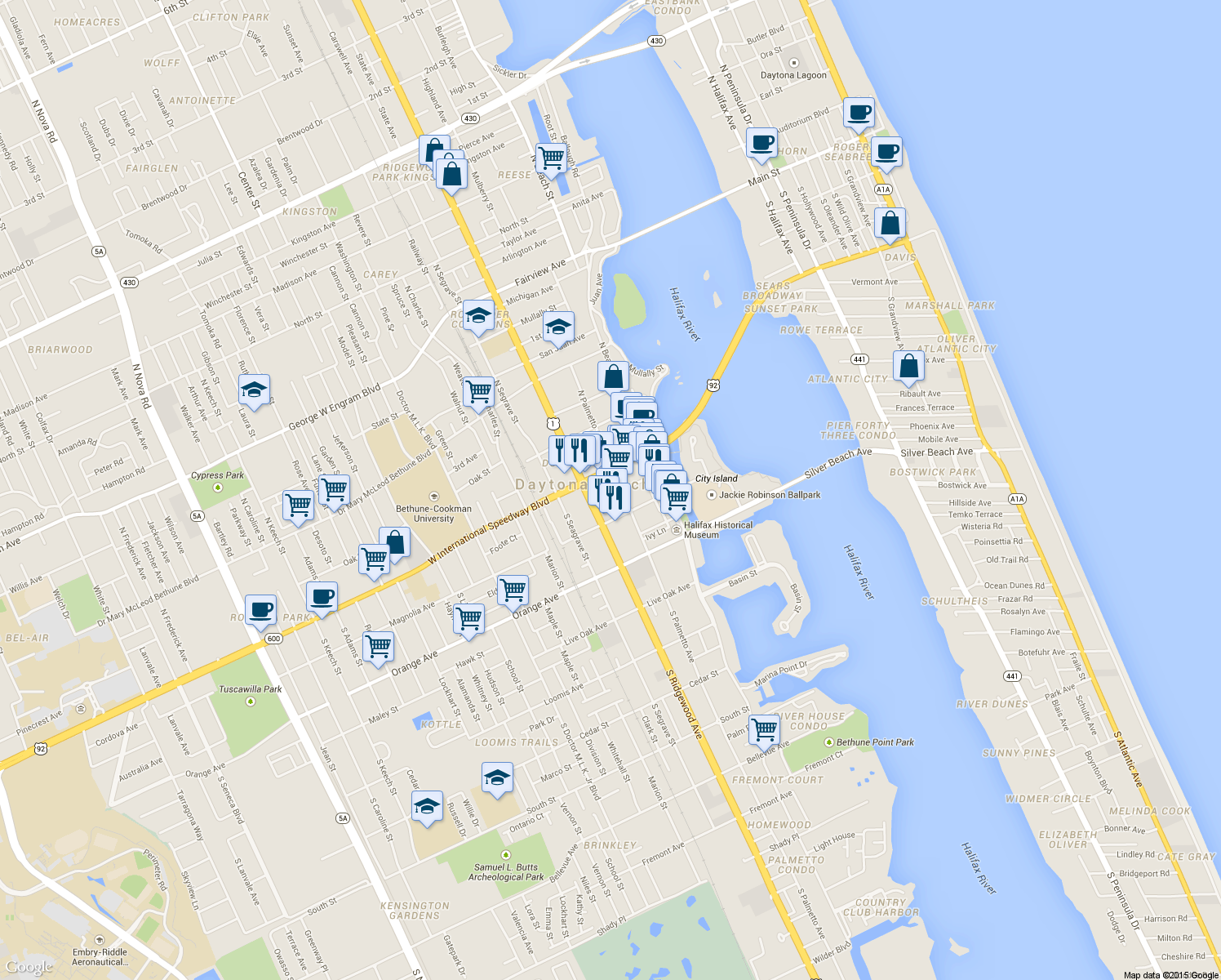 map of restaurants, bars, coffee shops, grocery stores, and more near 116 South Palmetto Avenue in Daytona Beach
