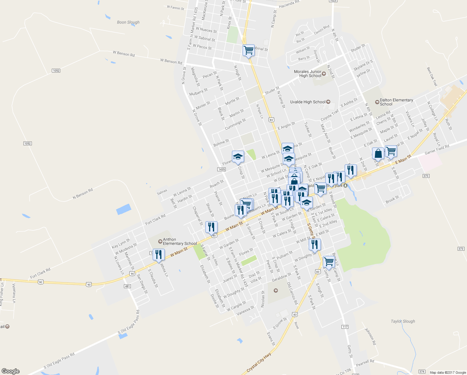 map of restaurants, bars, coffee shops, grocery stores, and more near 440 West School Lane in Uvalde