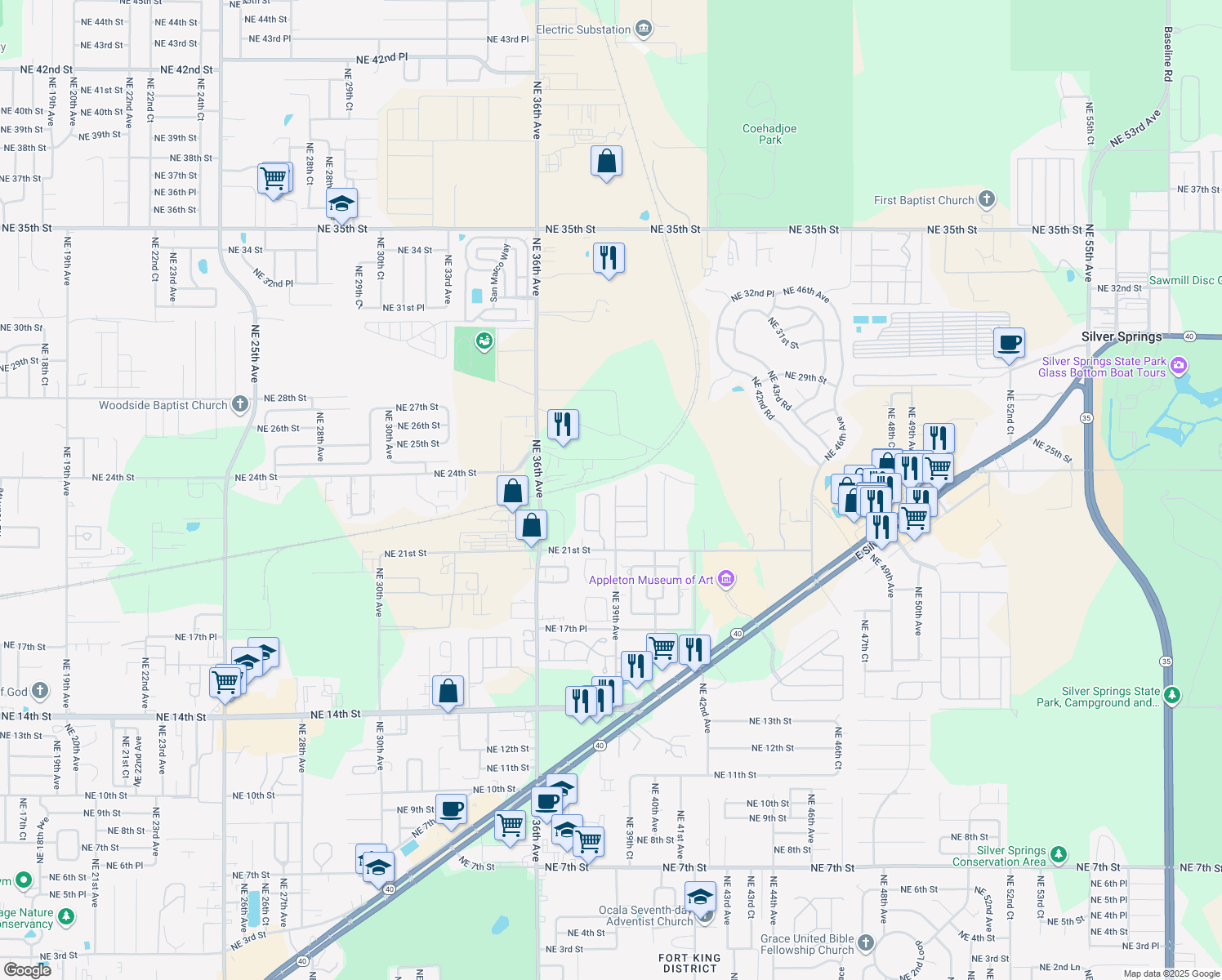 map of restaurants, bars, coffee shops, grocery stores, and more near 2312 Northeast 39th Avenue in Ocala