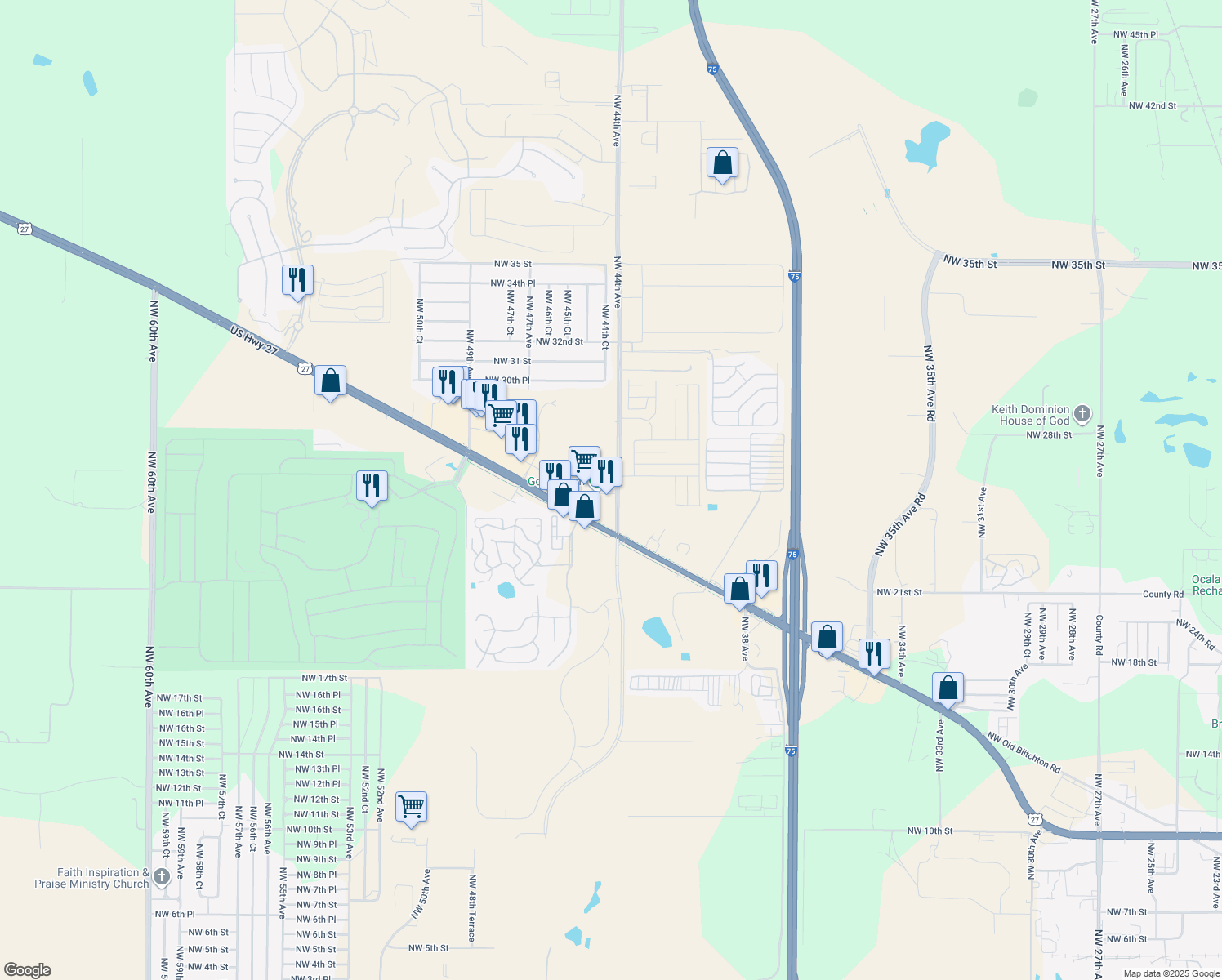 map of restaurants, bars, coffee shops, grocery stores, and more near 2800 Northwest 44th Avenue in Ocala