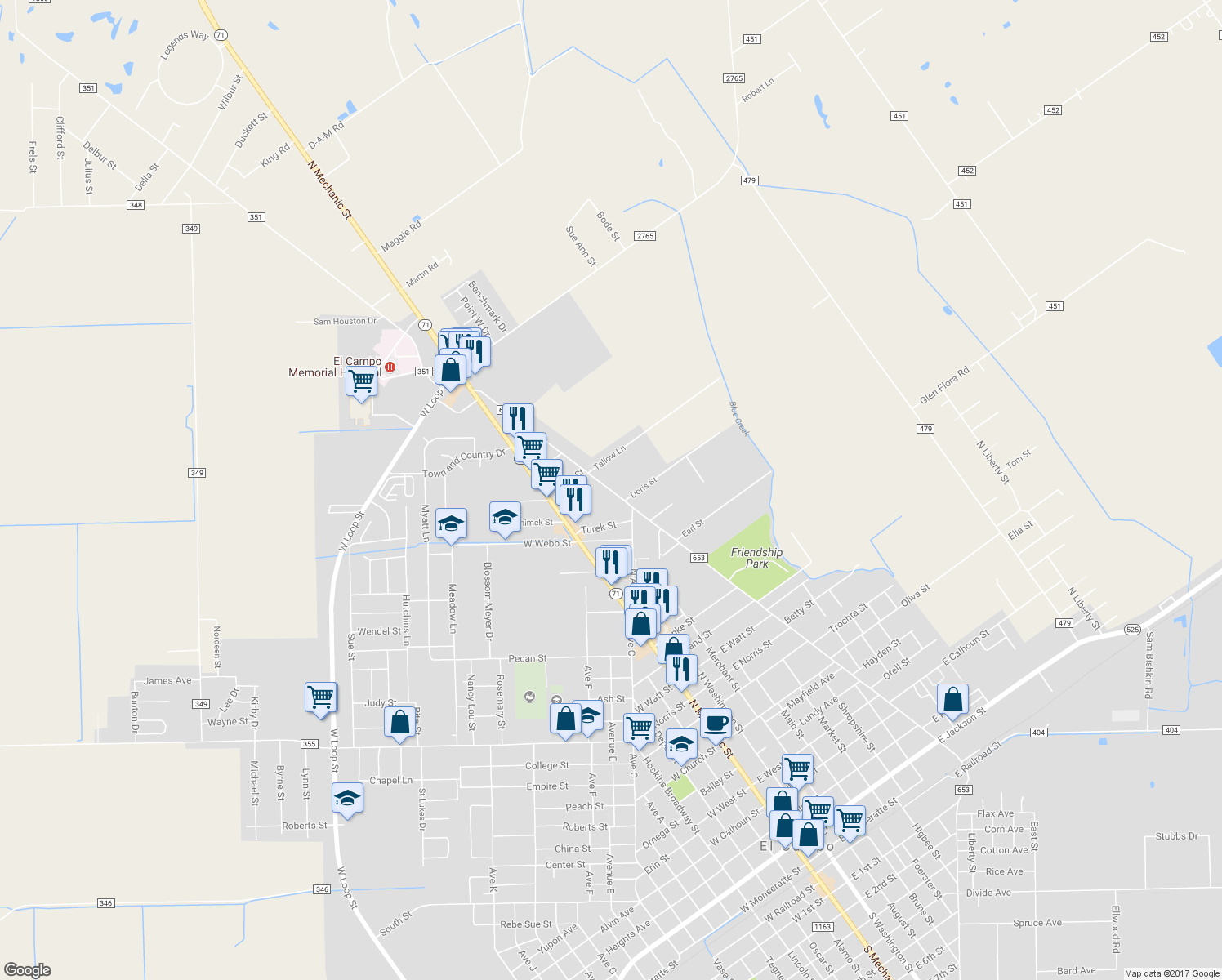 map of restaurants, bars, coffee shops, grocery stores, and more near 1610 North Wharton Street in El Campo