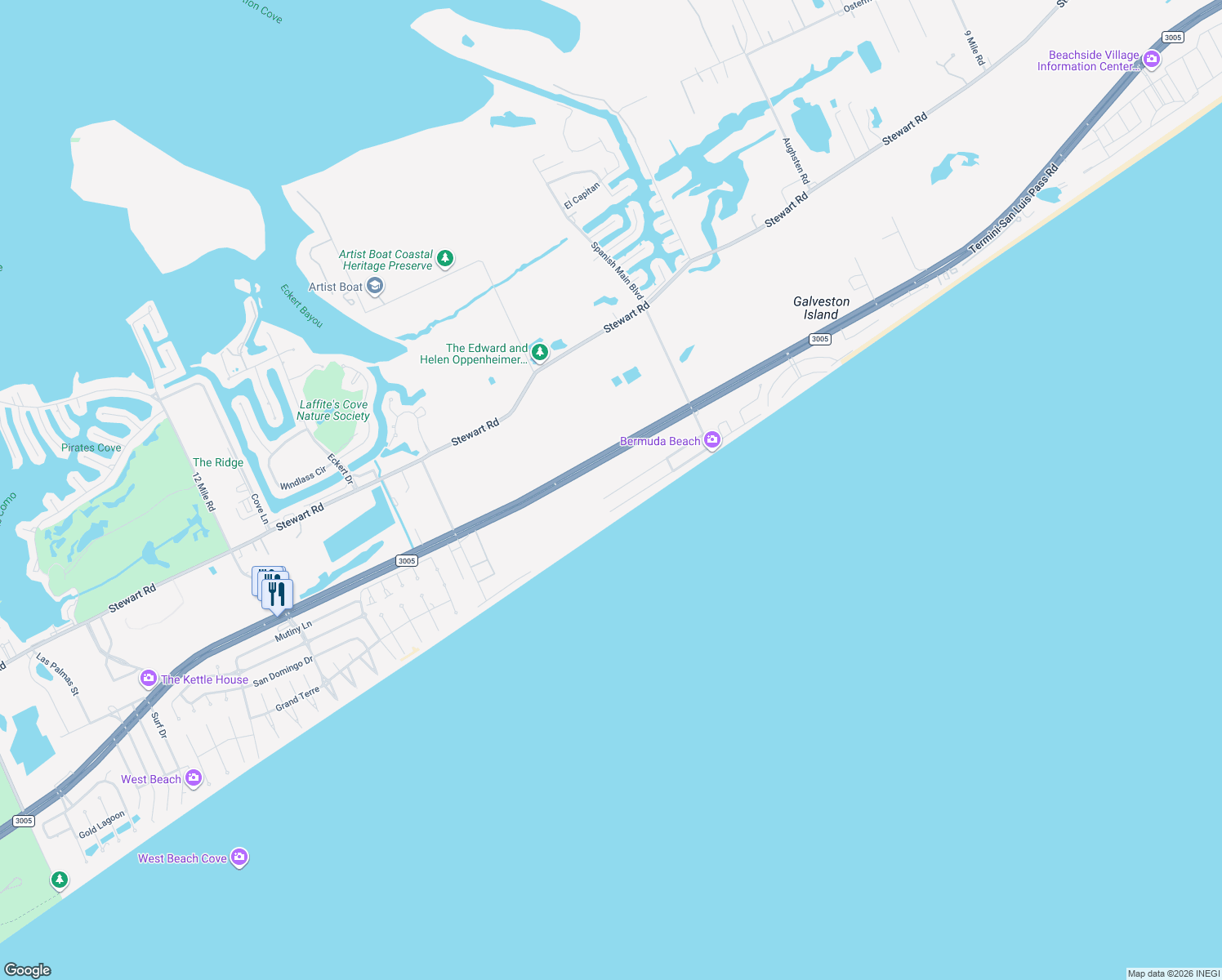 map of restaurants, bars, coffee shops, grocery stores, and more near 13112 John Reynolds Rd in Galveston