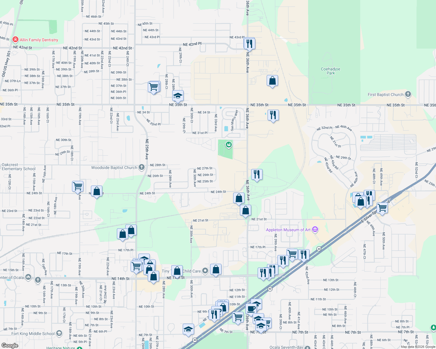 map of restaurants, bars, coffee shops, grocery stores, and more near 2521 Northeast 31st Terrace in Ocala