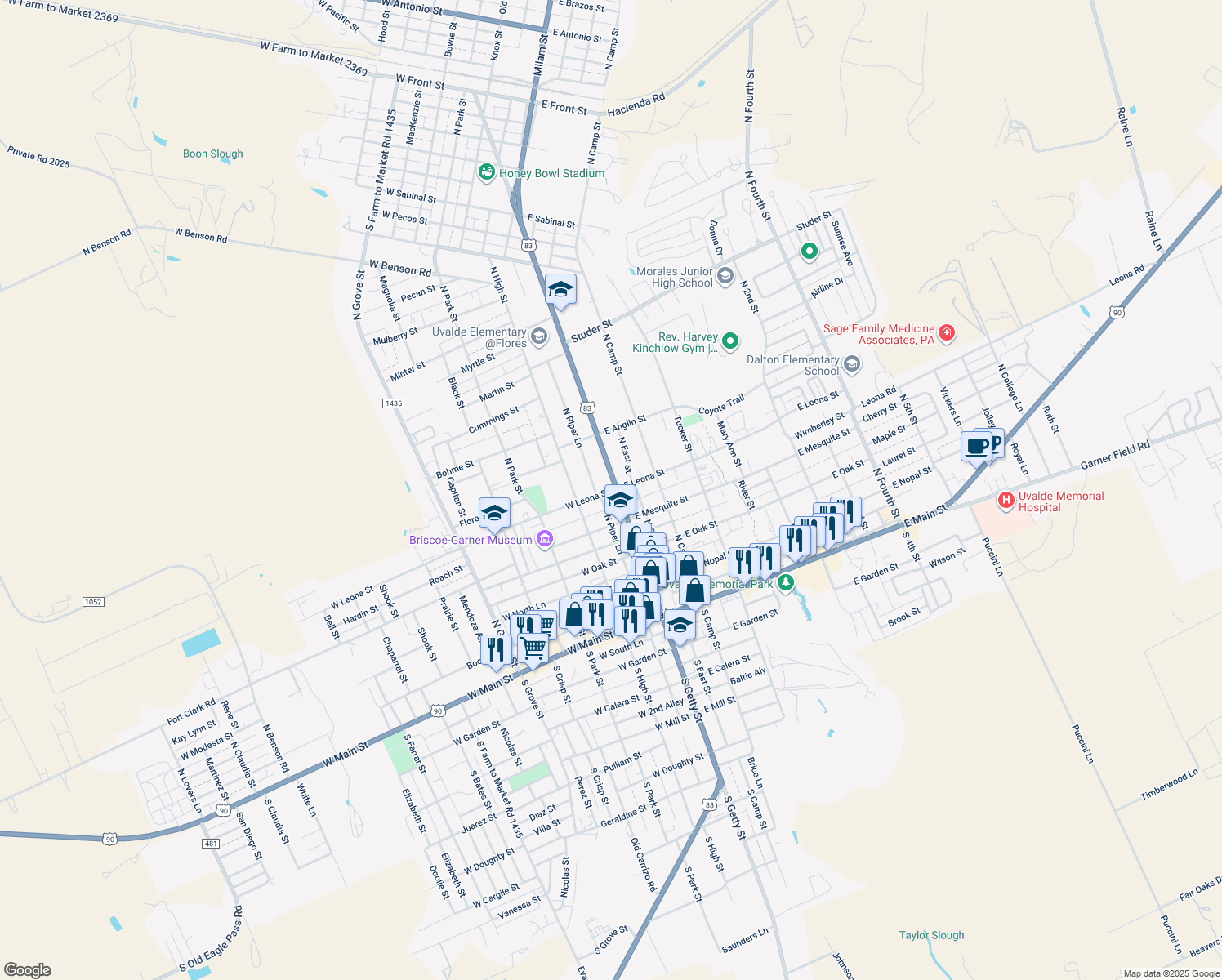 map of restaurants, bars, coffee shops, grocery stores, and more near 122 West Leona Street in Uvalde