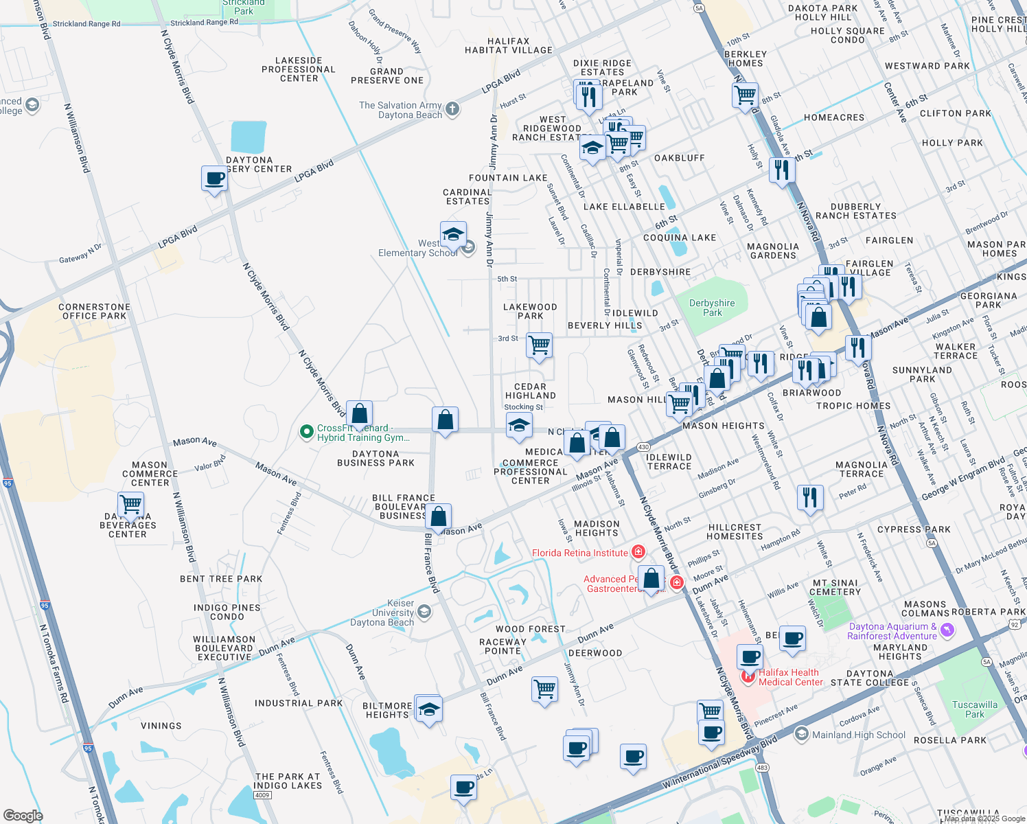 map of restaurants, bars, coffee shops, grocery stores, and more near 1653 Stocking St in Daytona Beach