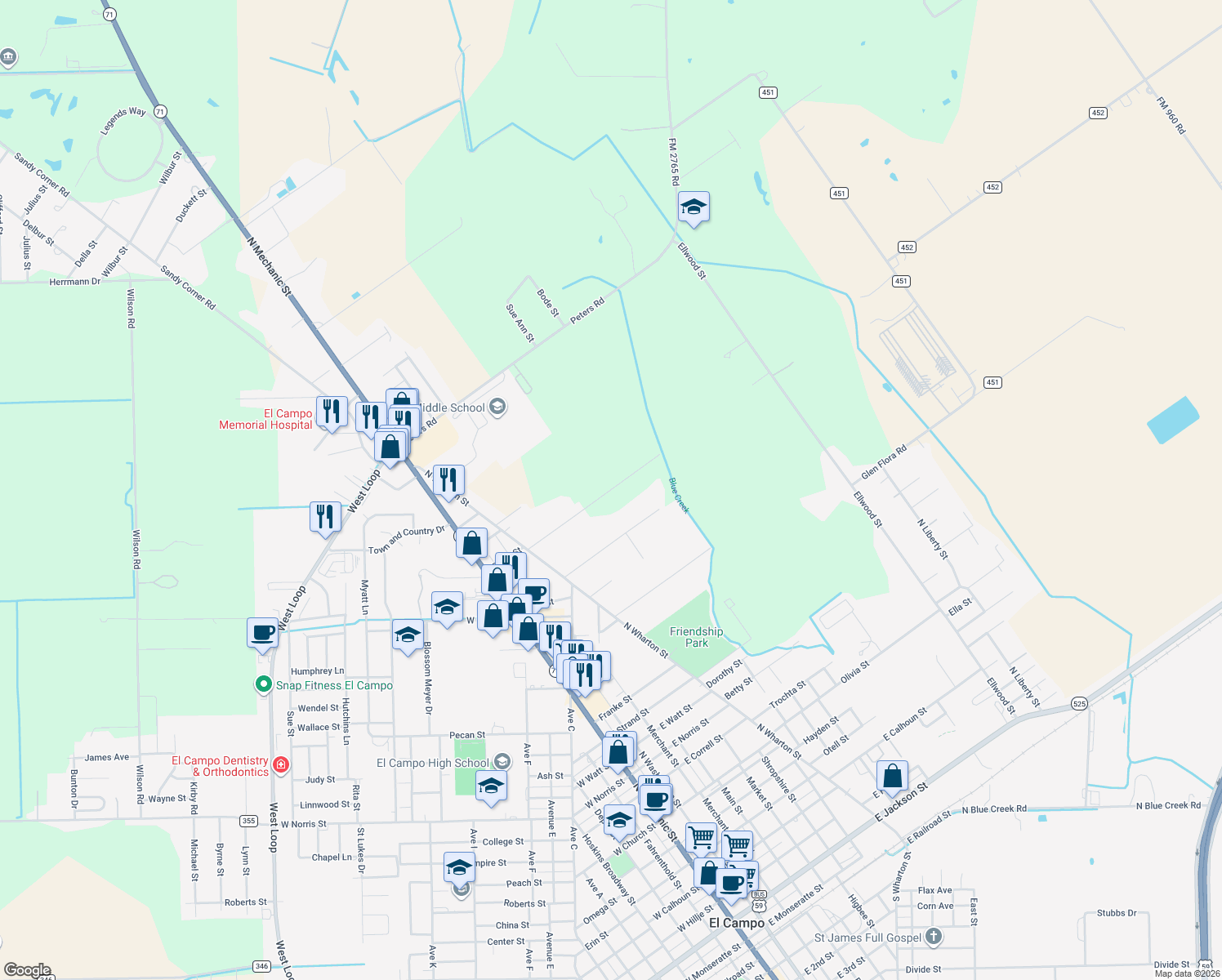 map of restaurants, bars, coffee shops, grocery stores, and more near 408 Tallow Lane in El Campo