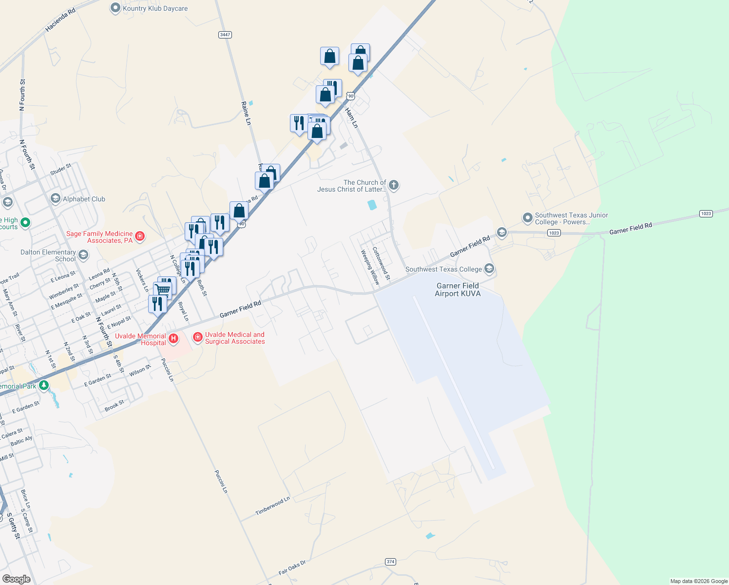 map of restaurants, bars, coffee shops, grocery stores, and more near 599 Country Ln in Uvalde