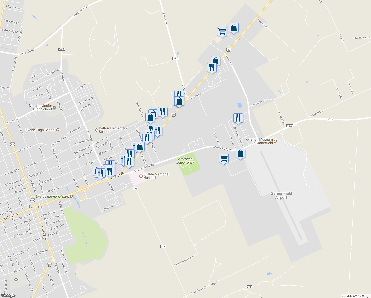 map of restaurants, bars, coffee shops, grocery stores, and more near 1510 Garner Field Road in Uvalde
