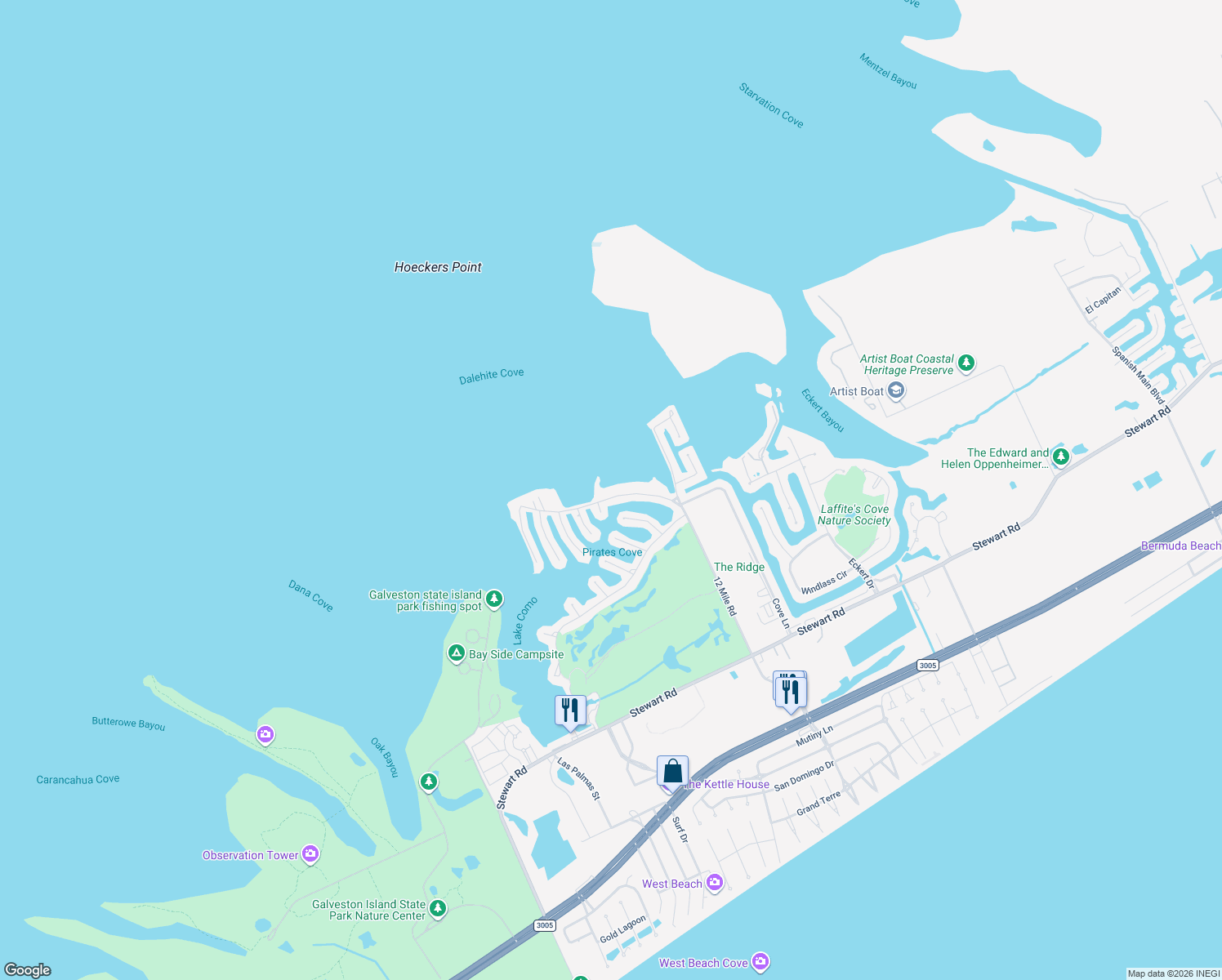 map of restaurants, bars, coffee shops, grocery stores, and more near 3420 Christmas Tree Point Road in Galveston