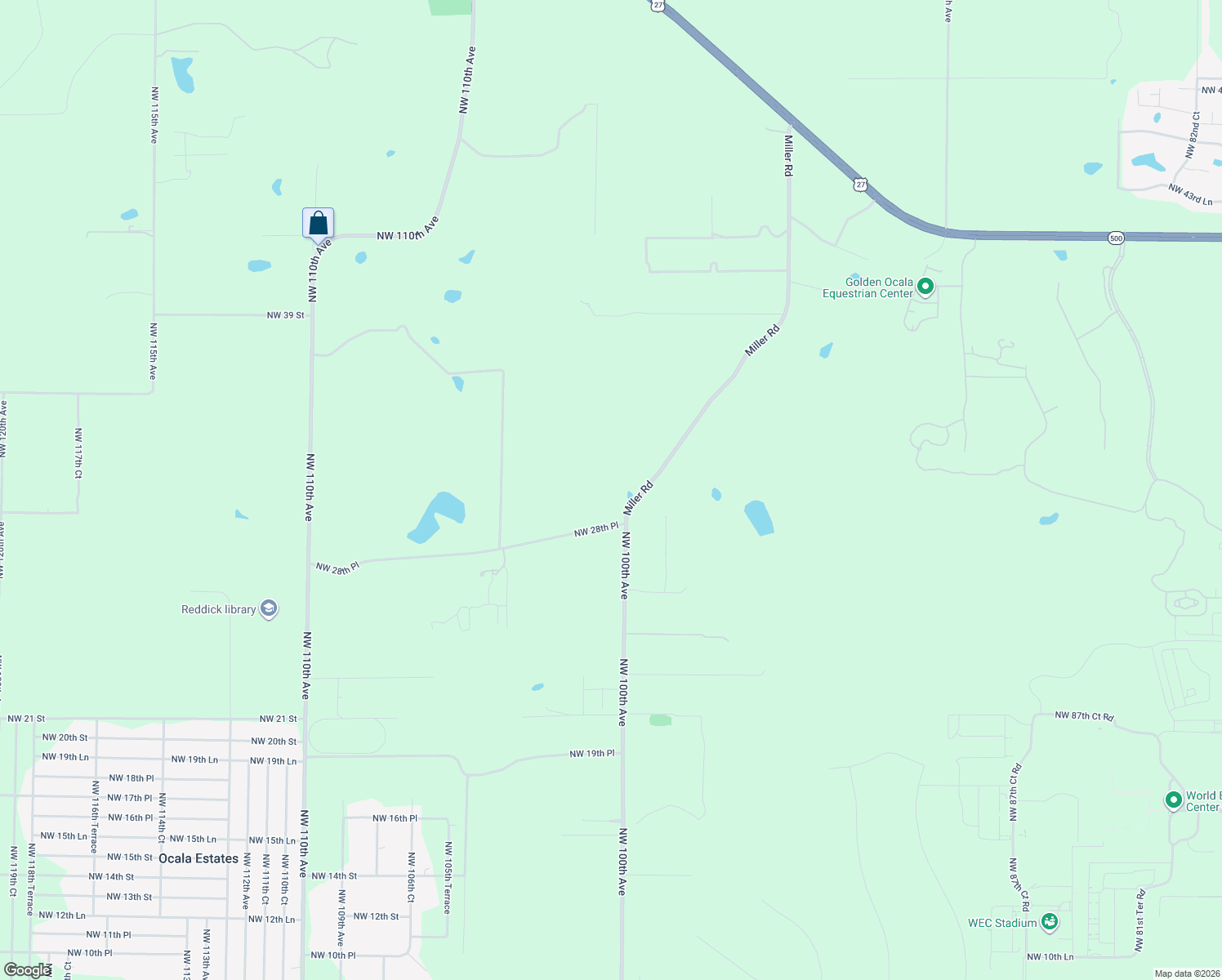 map of restaurants, bars, coffee shops, grocery stores, and more near 3030 Miller Road in Ocala