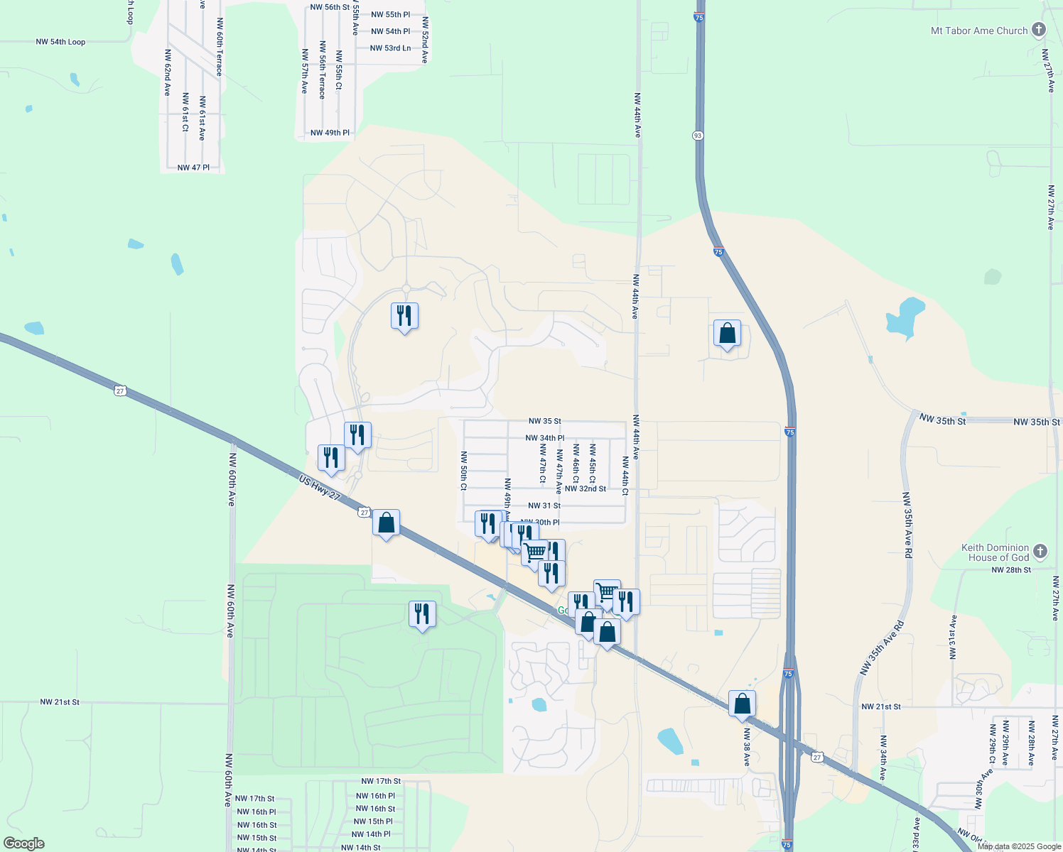 map of restaurants, bars, coffee shops, grocery stores, and more near 4806 Northwest 35 Street in Ocala