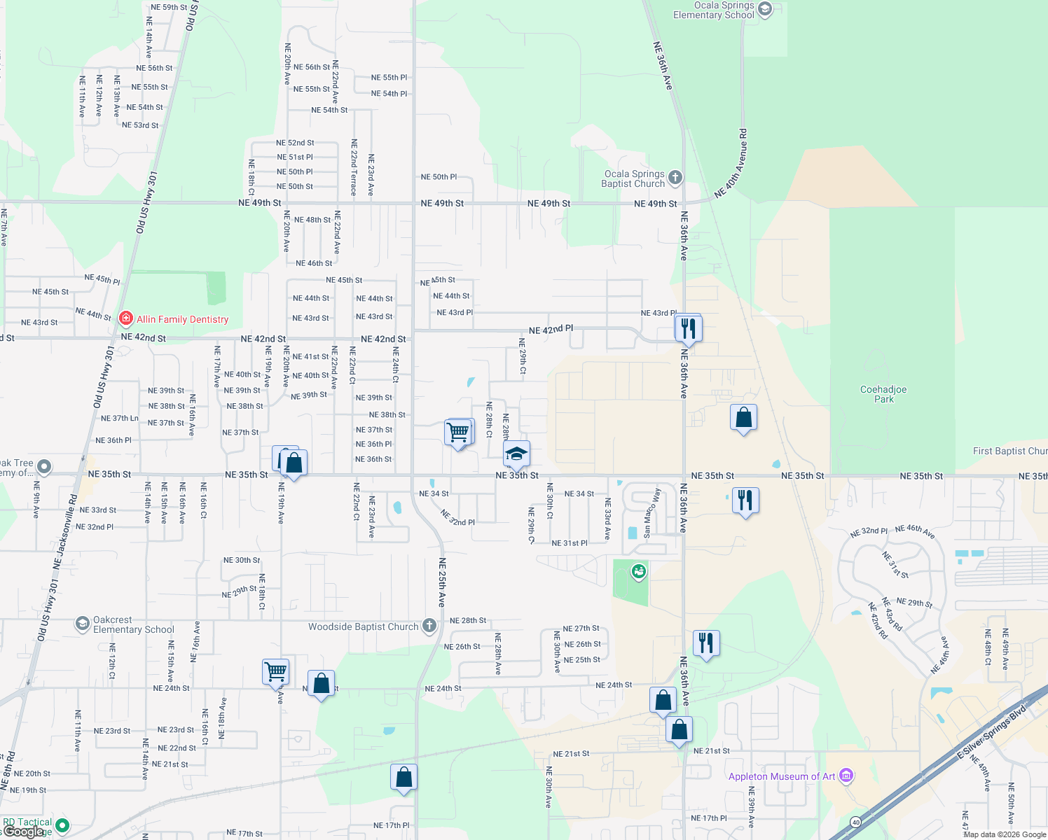 map of restaurants, bars, coffee shops, grocery stores, and more near 2964 Northeast 38th Street in Ocala