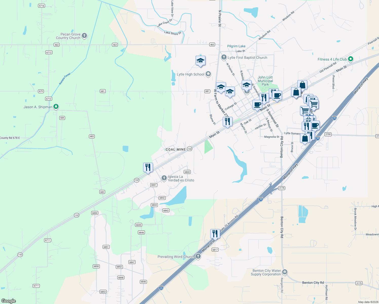 map of restaurants, bars, coffee shops, grocery stores, and more near 17112 Main Street in Lytle