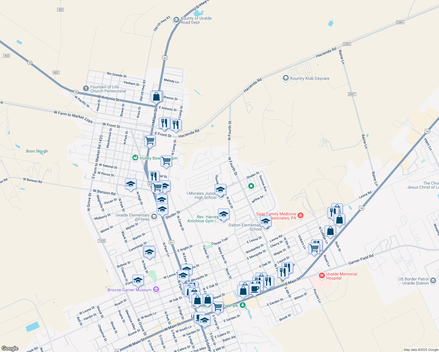 map of restaurants, bars, coffee shops, grocery stores, and more near 5 Buena Vista Cir in Uvalde