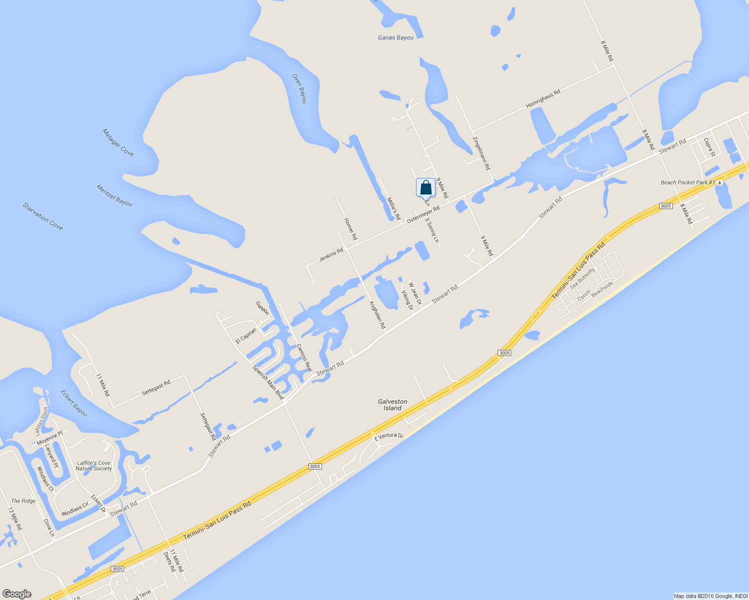 map of restaurants, bars, coffee shops, grocery stores, and more near 3325 Aughsten Road in Galveston