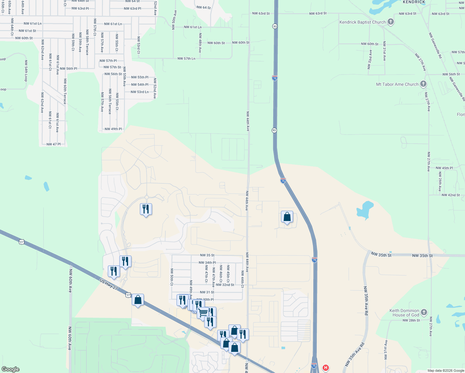 map of restaurants, bars, coffee shops, grocery stores, and more near 4200 Northwest 44th Avenue in Ocala