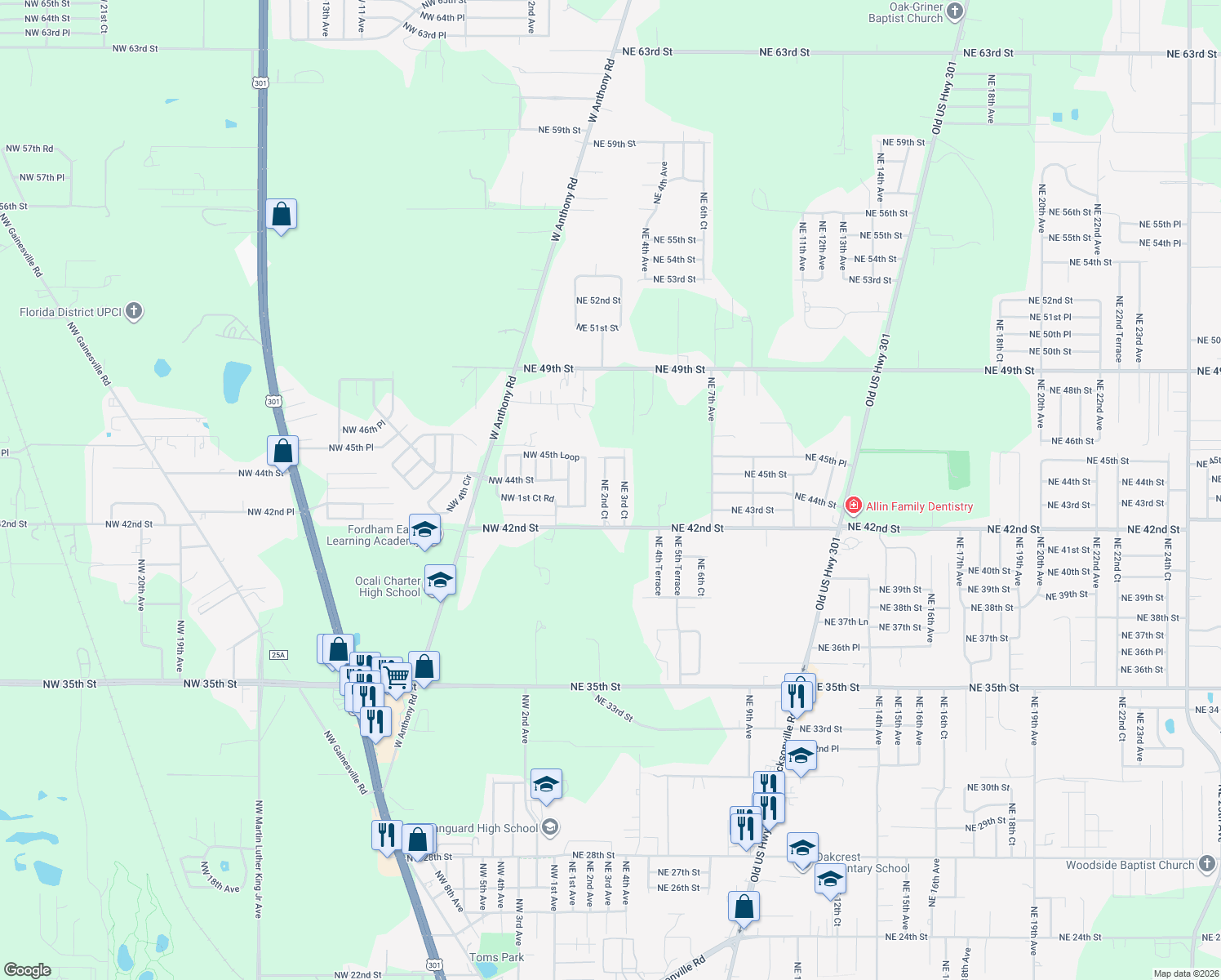 map of restaurants, bars, coffee shops, grocery stores, and more near 4365 NE 2nd Ct in Ocala
