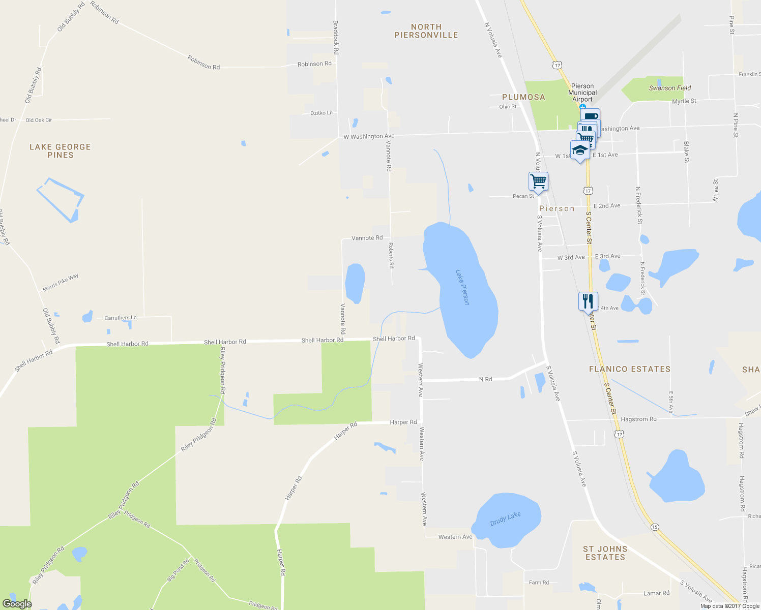 map of restaurants, bars, coffee shops, grocery stores, and more near 400 Roberts Road in Pierson