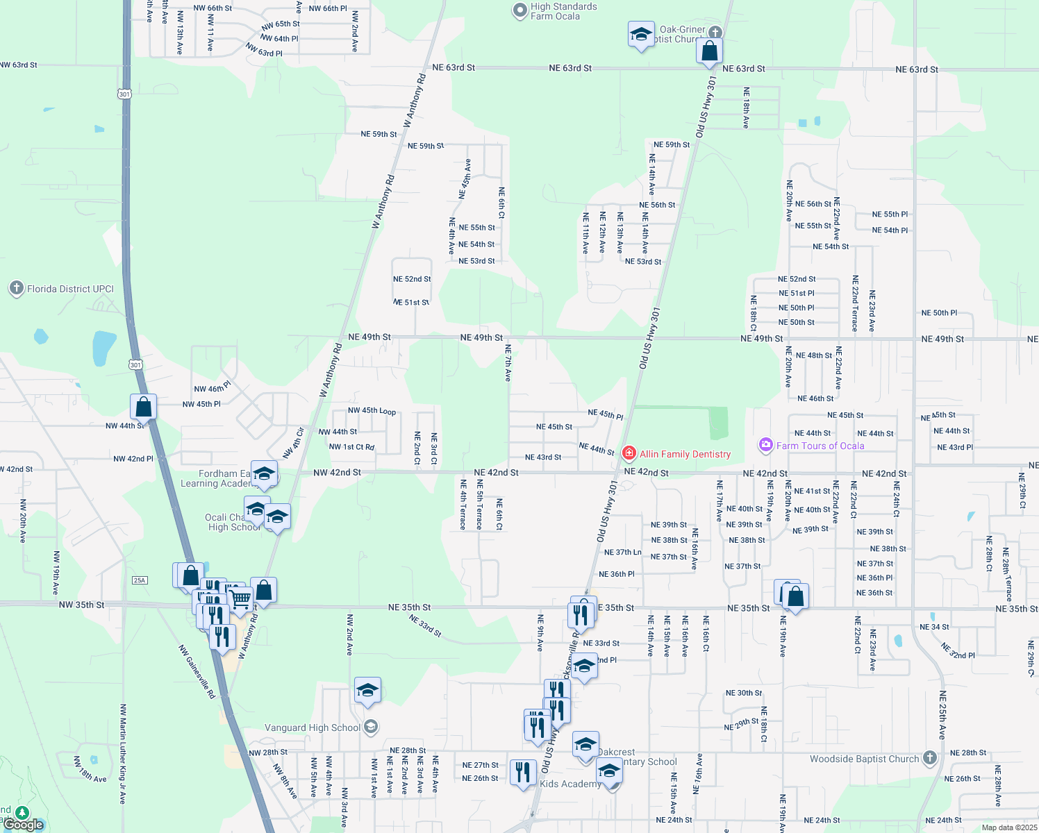 map of restaurants, bars, coffee shops, grocery stores, and more near 710 Northeast 45th Place in Ocala