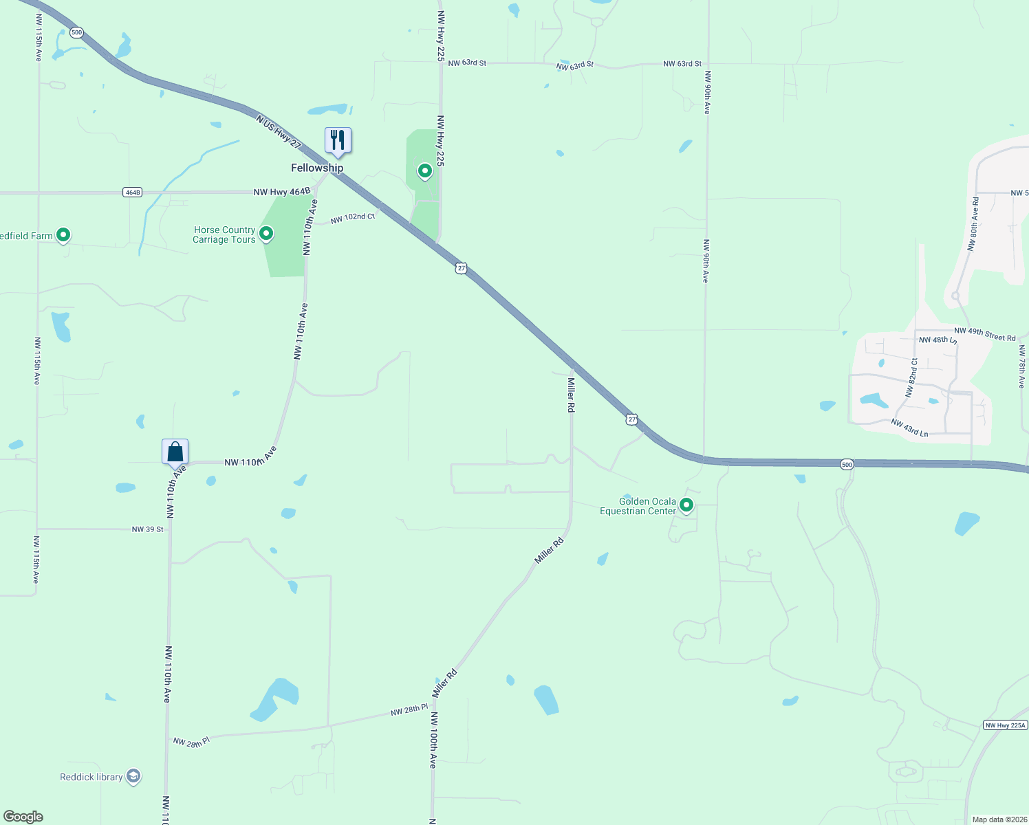 map of restaurants, bars, coffee shops, grocery stores, and more near 4530 Miller Road in Ocala